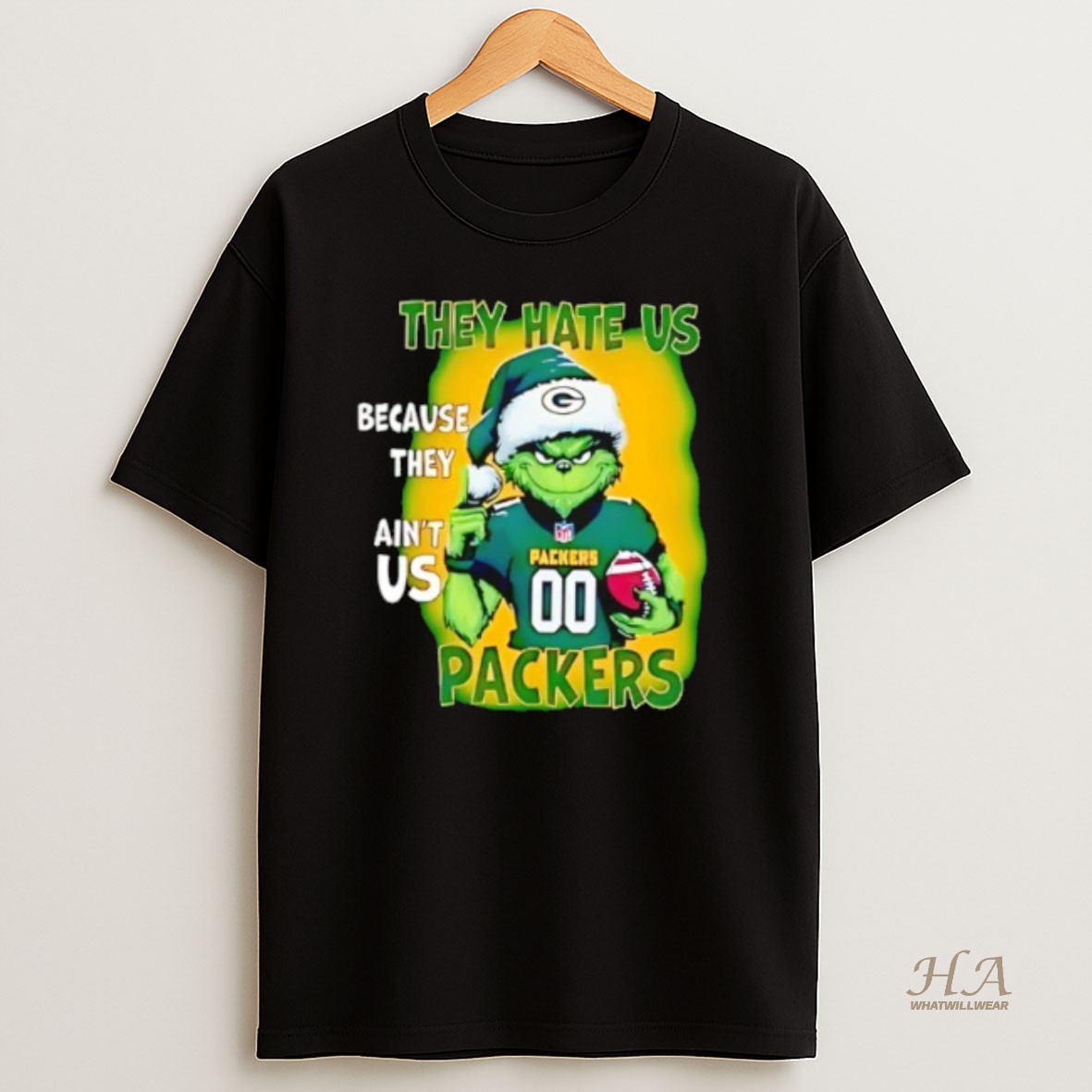 Official They Hate Us Because They Aint Us Green Bay Packers Grinch Santa T Shirt