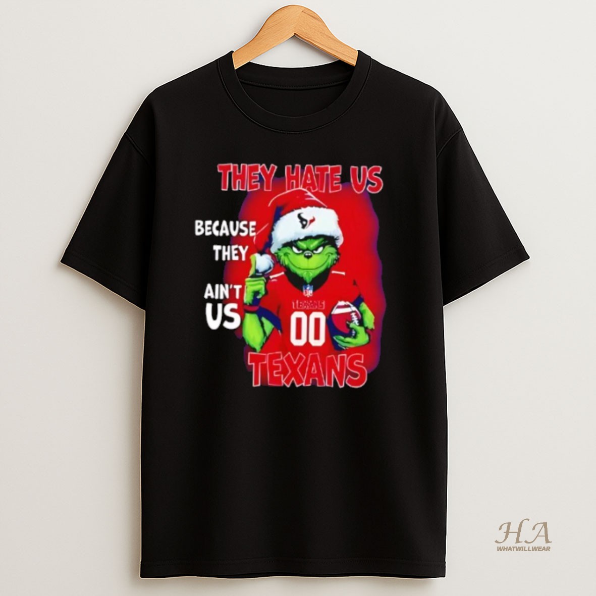 Official They Hate Us Because They Aint Us Houston Texans Grinch Santa T Shirt