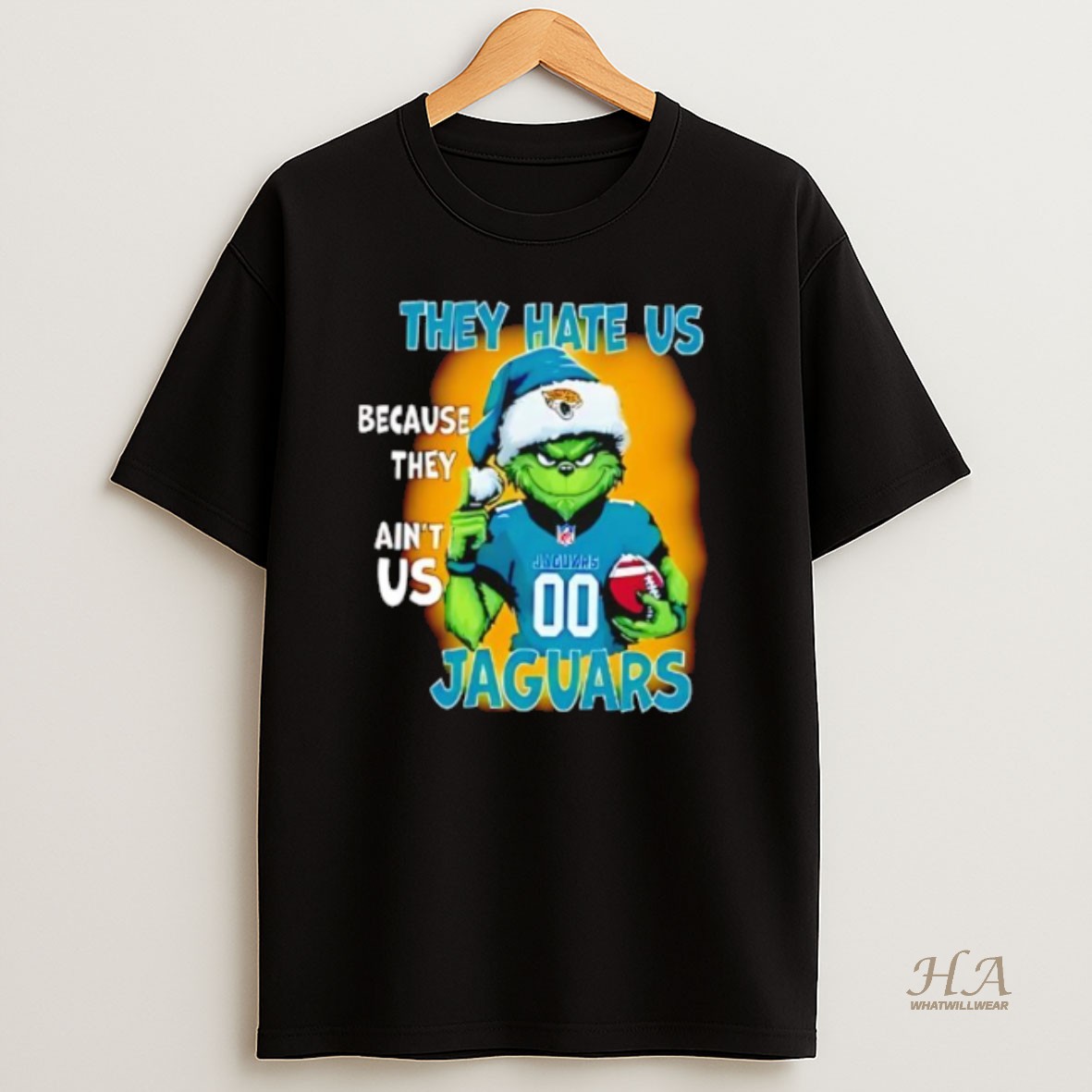 Official They Hate Us Because They Aint Us Jacksonville Jaguars Grinch Santa T Shirt