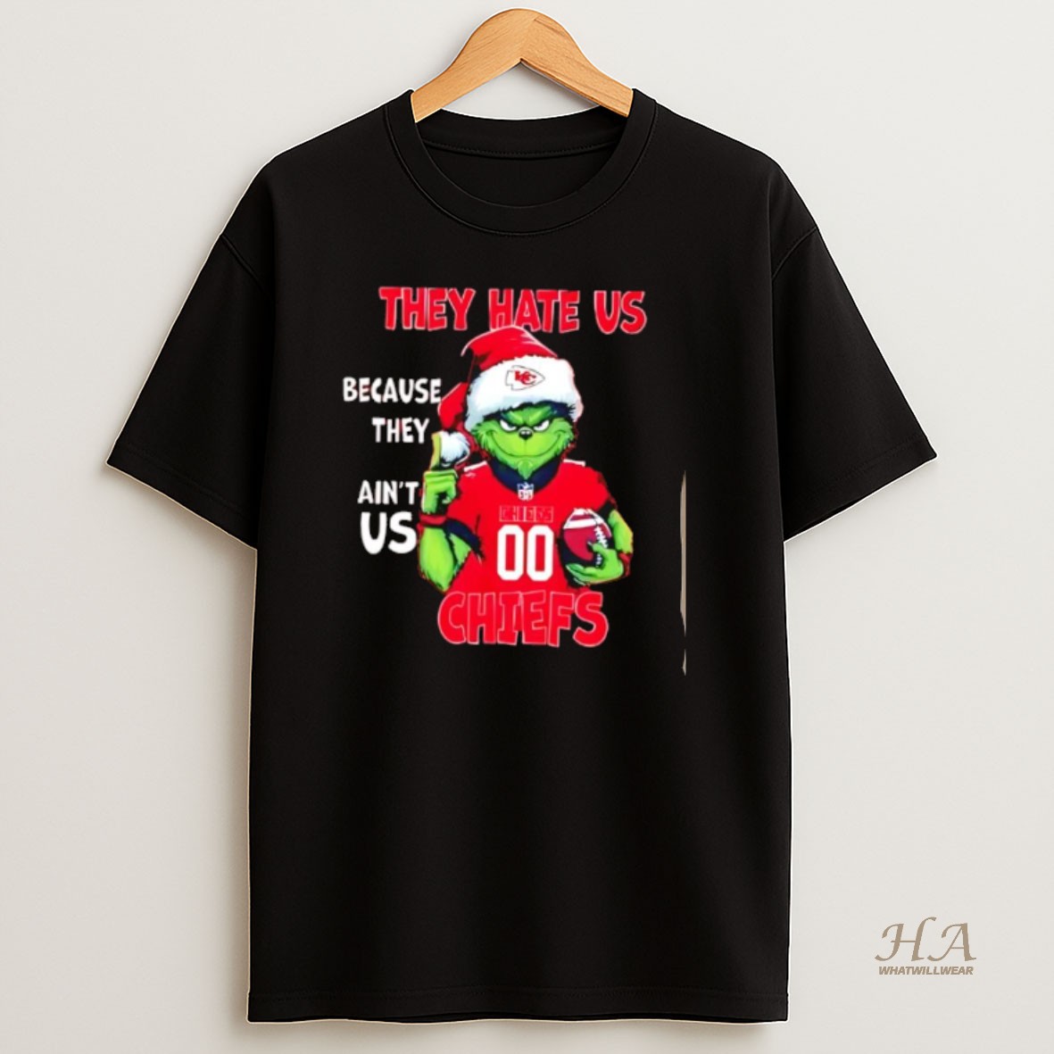 Official They Hate Us Because They Aint Us Kansas City Chiefs Grinch Santa T Shirt