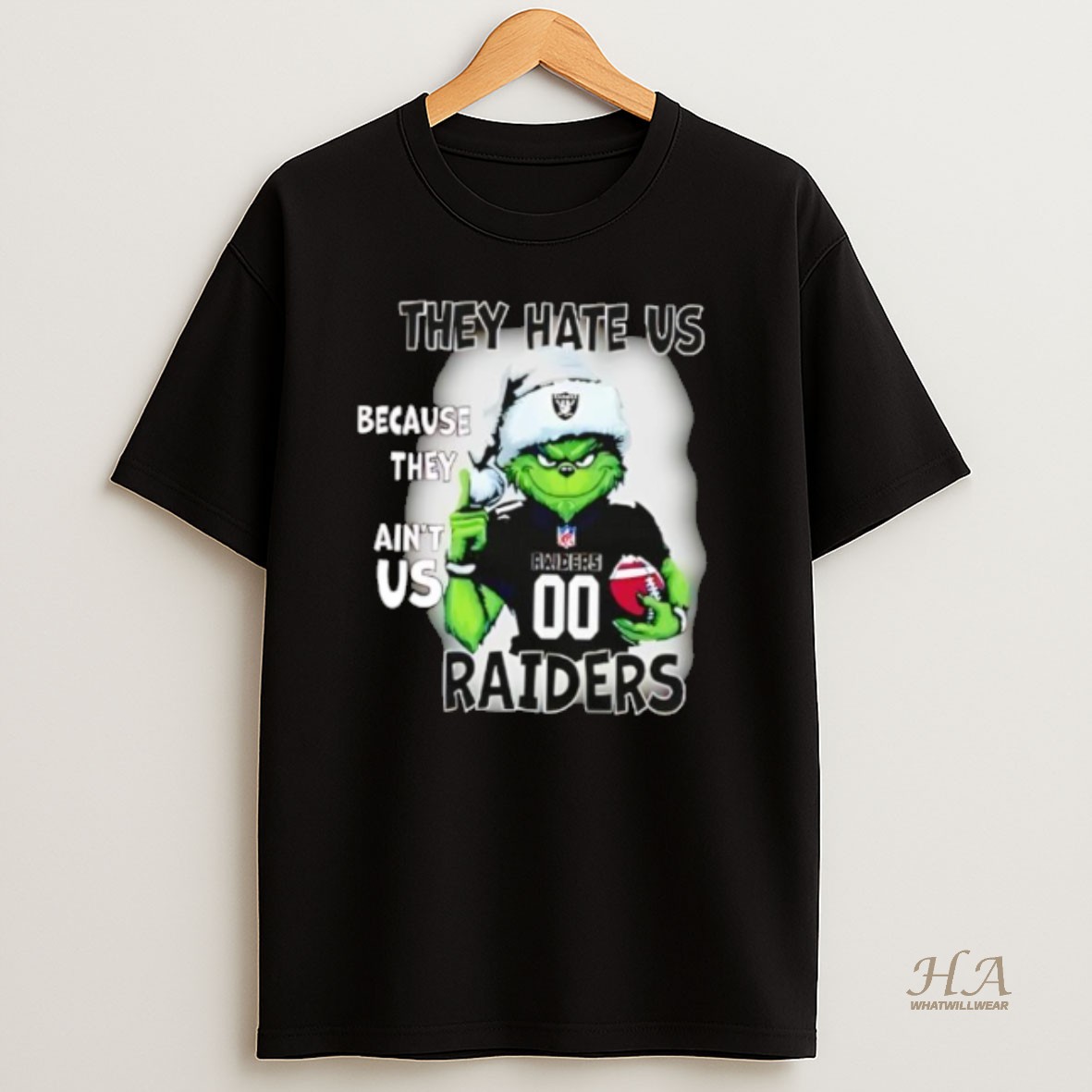 Official They Hate Us Because They Aint Us Las Vegas Raiders Grinch Santa T Shirt