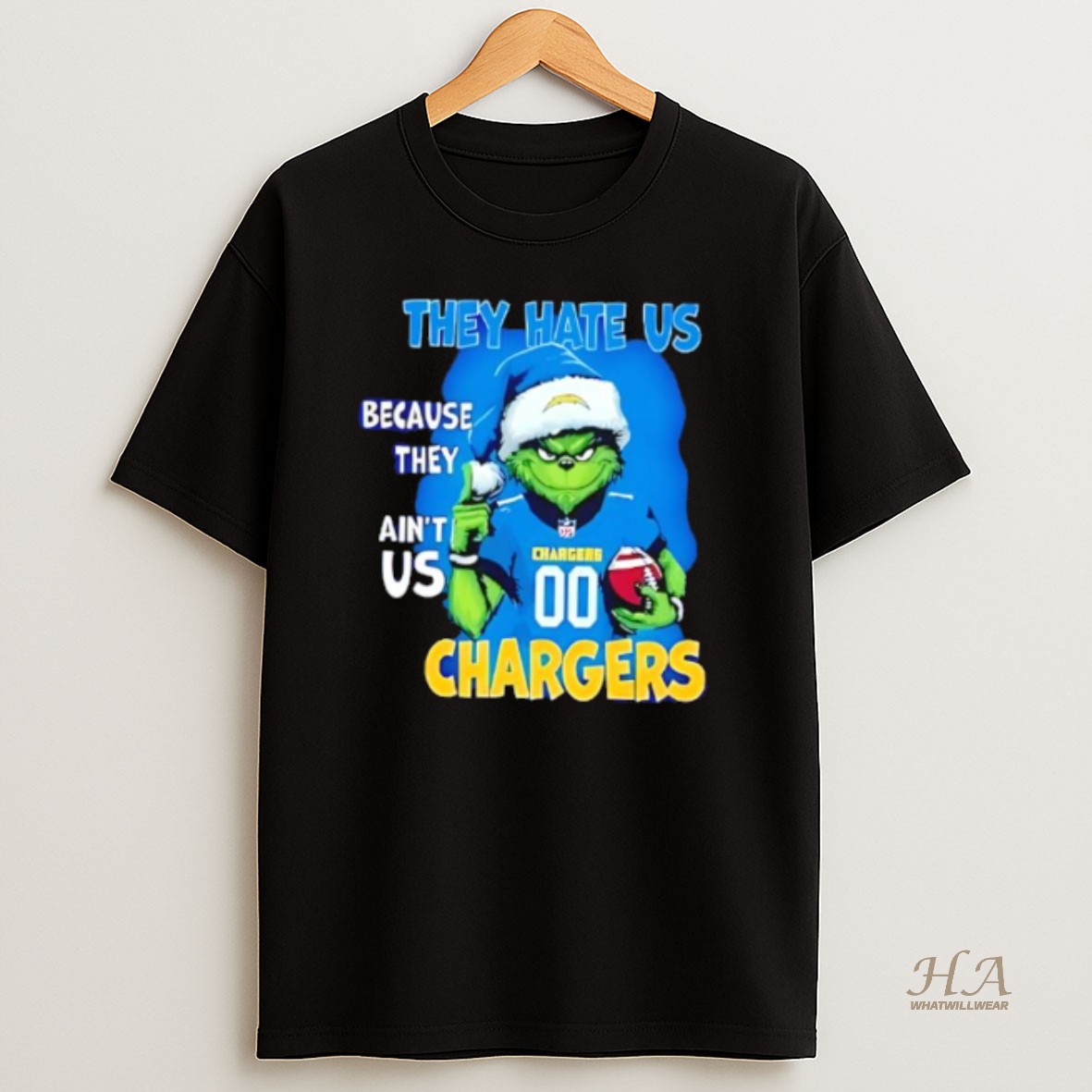 Official They Hate Us Because They Aint Us Los Angeles Chargers Grinch Santa T Shirt