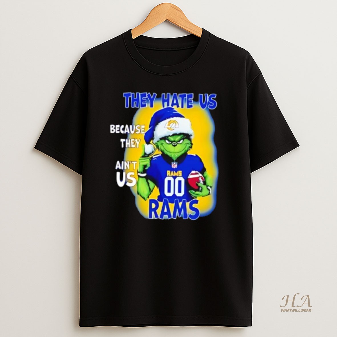 Official They Hate Us Because They Aint Us Los Angeles Rams Grinch Santa T Shirt