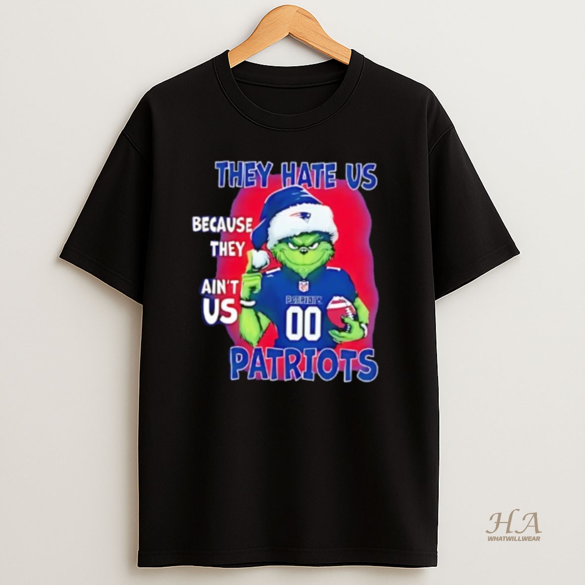 Official They Hate Us Because They Aint Us New England Patriots Grinch Santa T Shirt