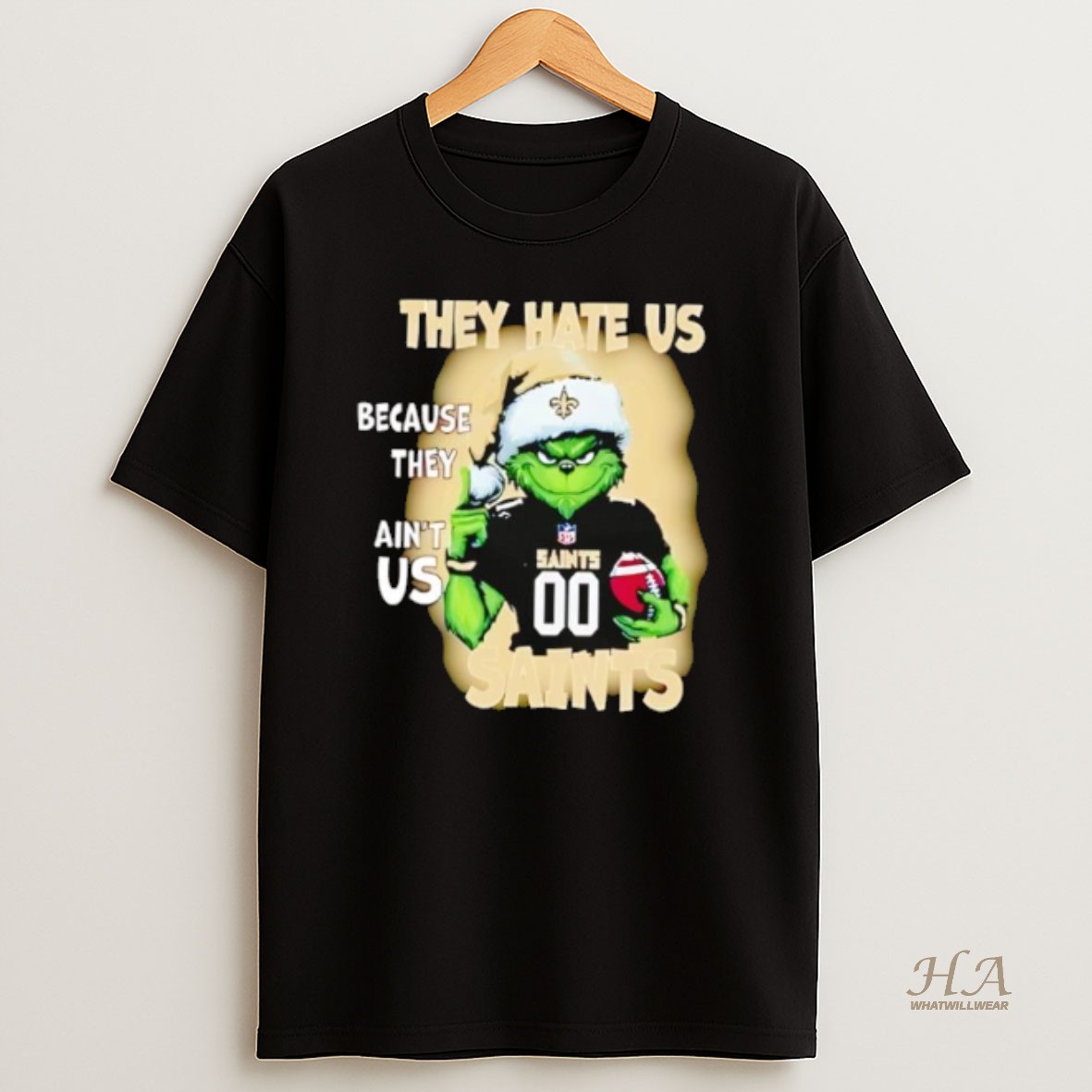Official They Hate Us Because They Aint Us New Orleans Saints Grinch Santa T Shirt