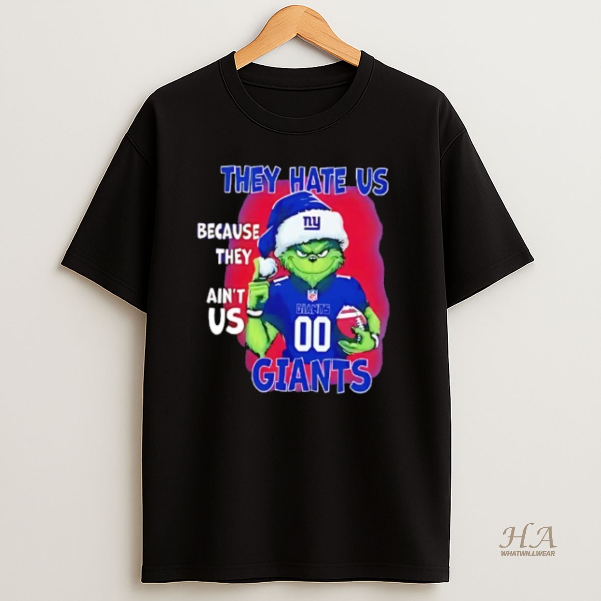 Official They Hate Us Because They Aint Us New York Giants Grinch Santa T Shirt
