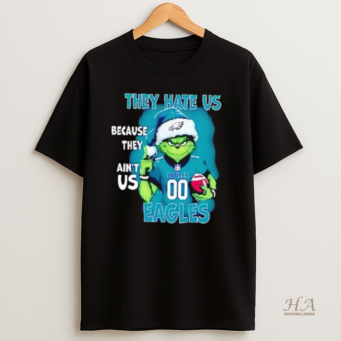 Official They Hate Us Because They Aint Us Philadelphia Eagles Grinch Santa T Shirt