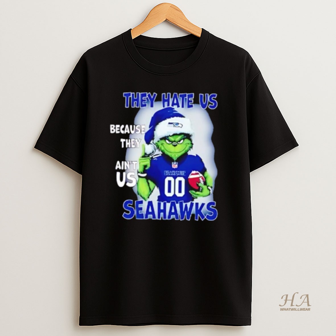 Official They Hate Us Because They Aint Us Seattle Seahawks Grinch Santa T Shirt