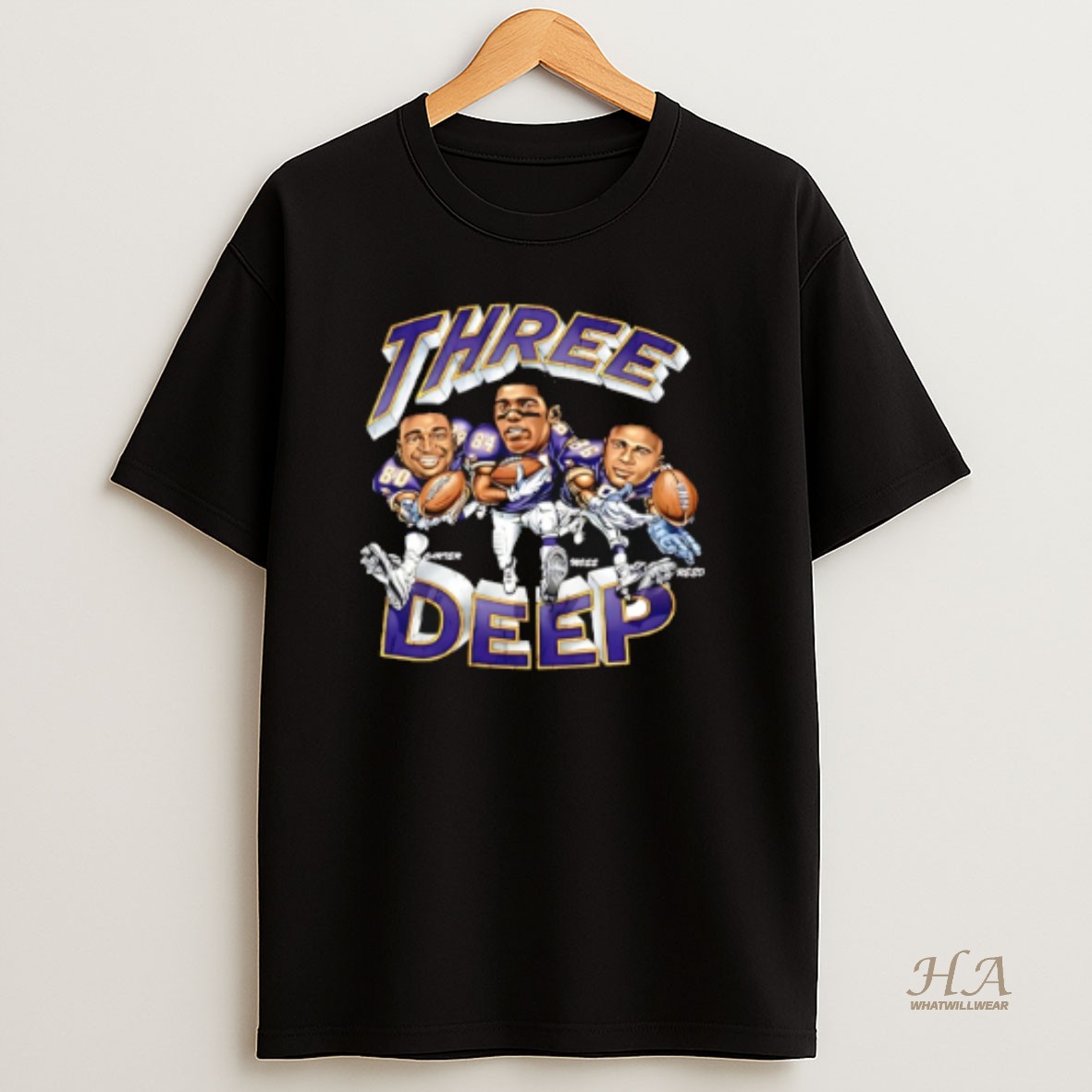 Official Three Deep Vikings Jake Reed Randy Moss Cris Carter Graphic T Shirt