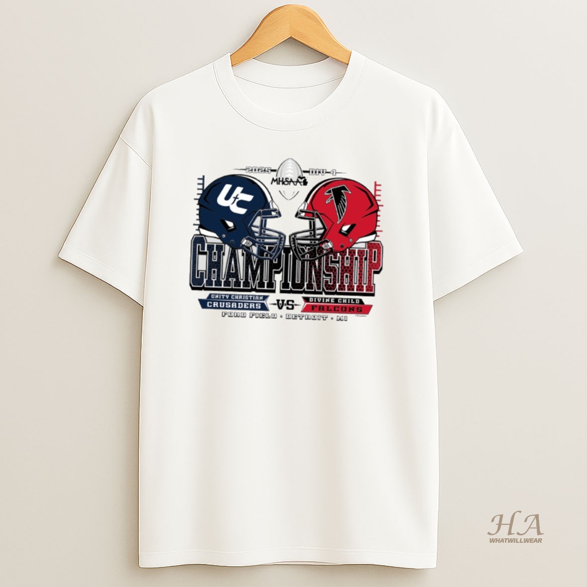 Official Unity Christian Crusaders Vs Divine Child Falcons 2025 Mhsaa Football Division 4 Championship Shirt