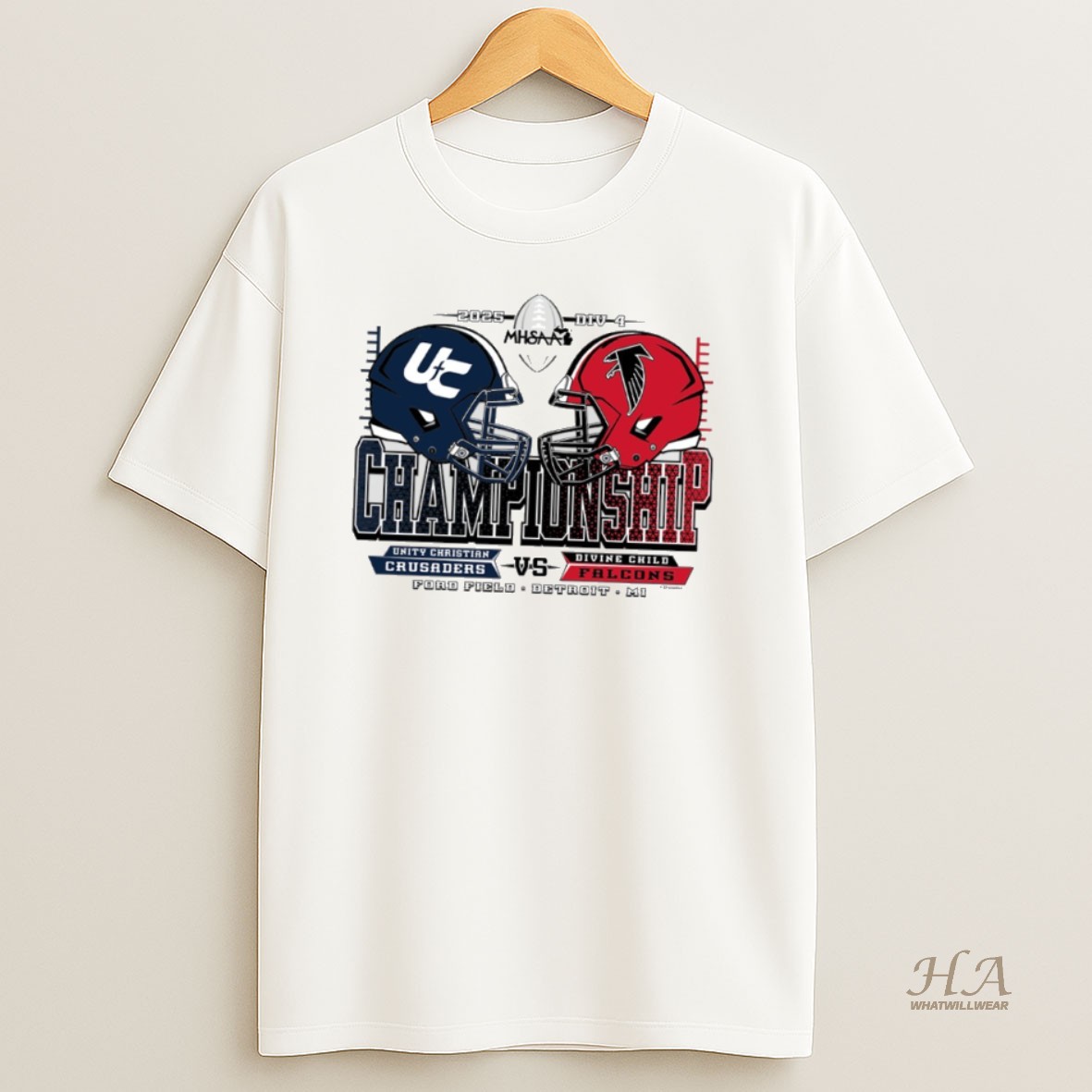 Official Unity Christian Crusaders Vs Divine Child Falcons 2025 Mhsaa Football Division 4 Championship T Shirt