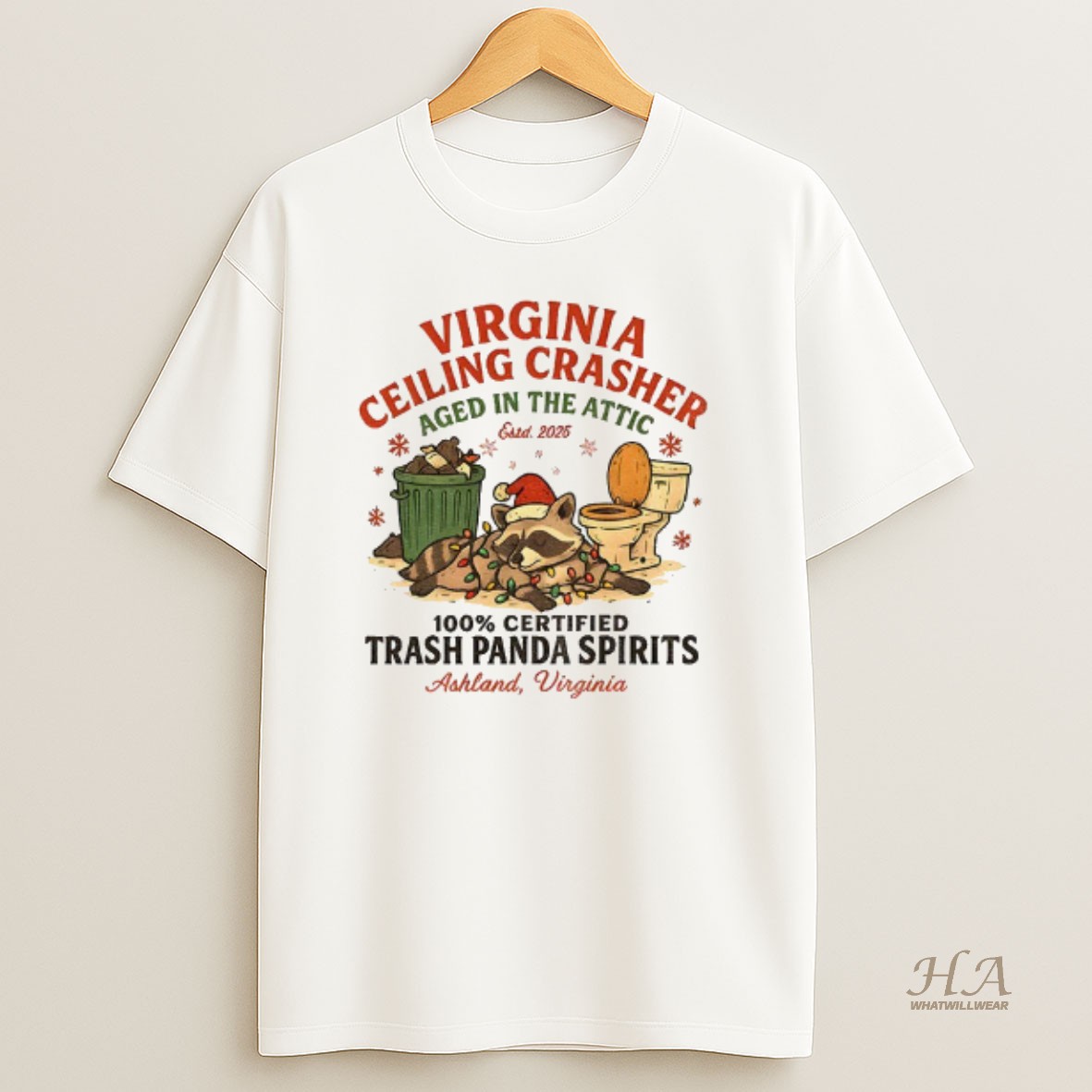 Official Virginia Ceiling Crasher 100 Certified Trash Panda Spirits Christmas T Shirt