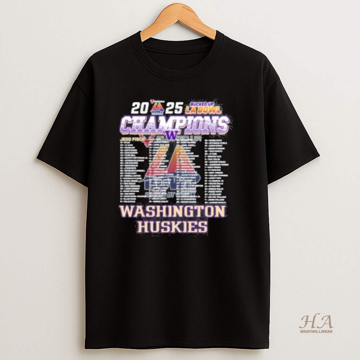 Official Washington Huskies 2025 Bucked Up La Bowl Champions Roster T Shirt