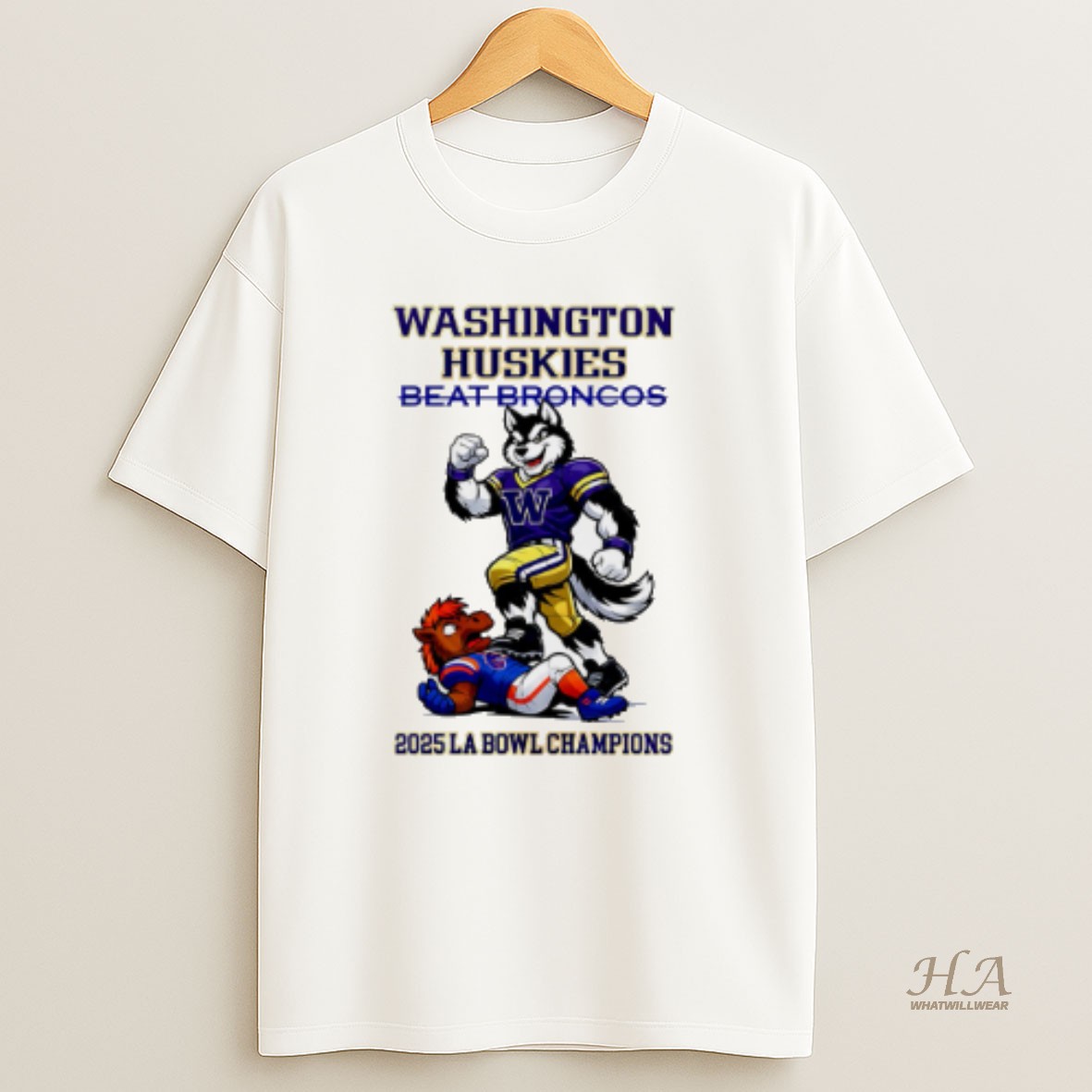 Official Washington Huskies 2025 La Bowl Champions Beat Broncos Mascot T Shirt