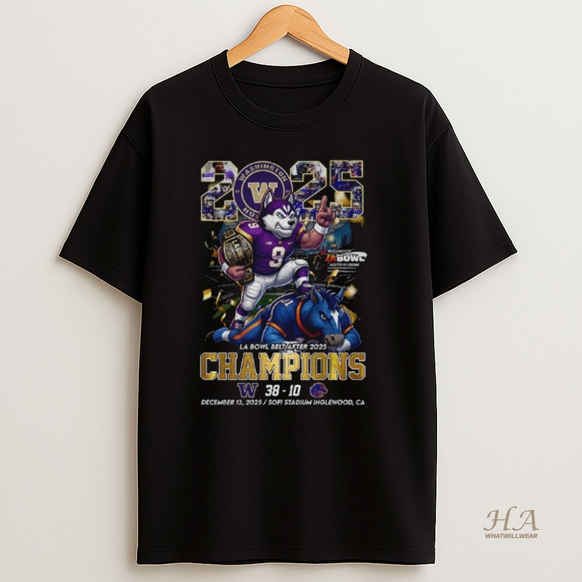 Official Washington Huskies Beat Boise State Broncos La Bowl Belt After 2025 Champions T Shirt