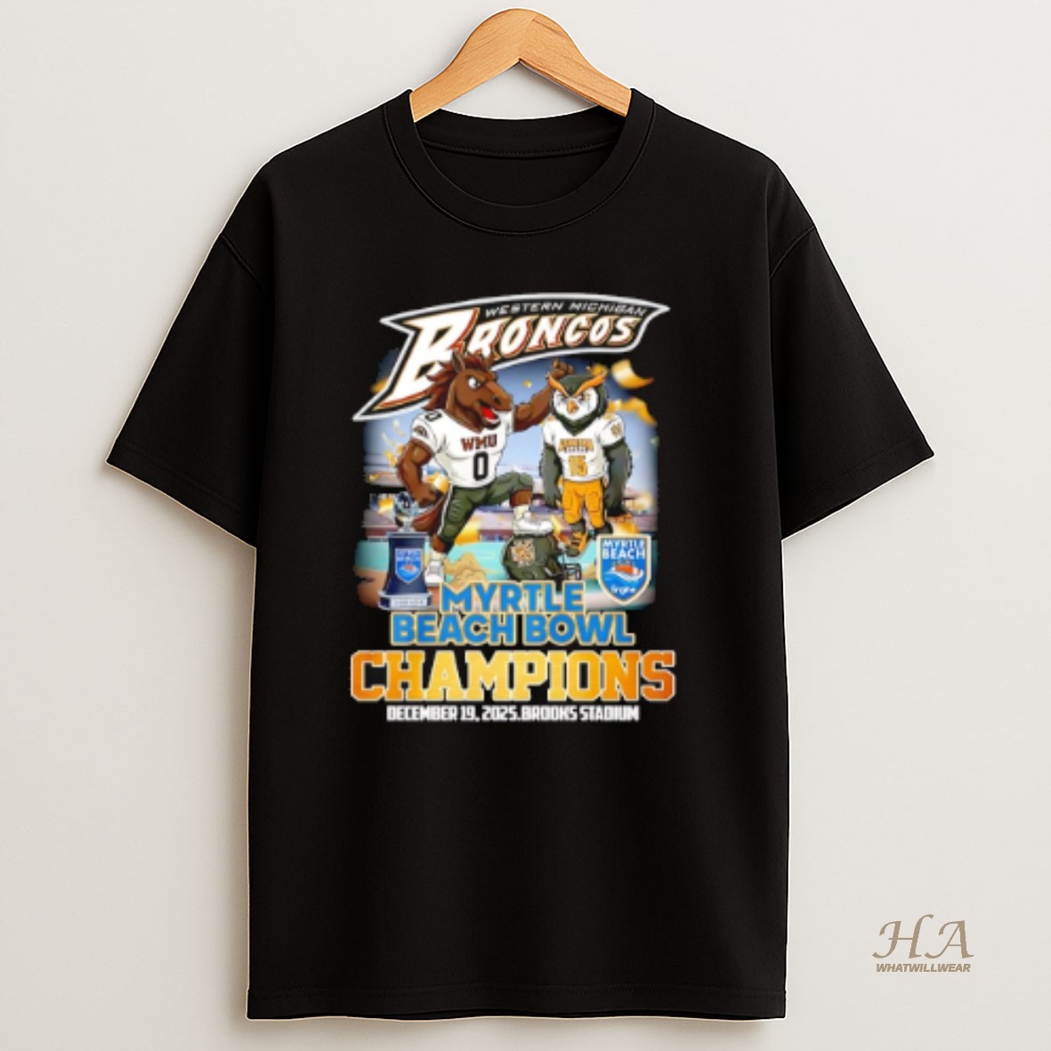 Official Western Michigan Broncos 2025 Myrtle Beach Bowl Champions Mascot T Shirt