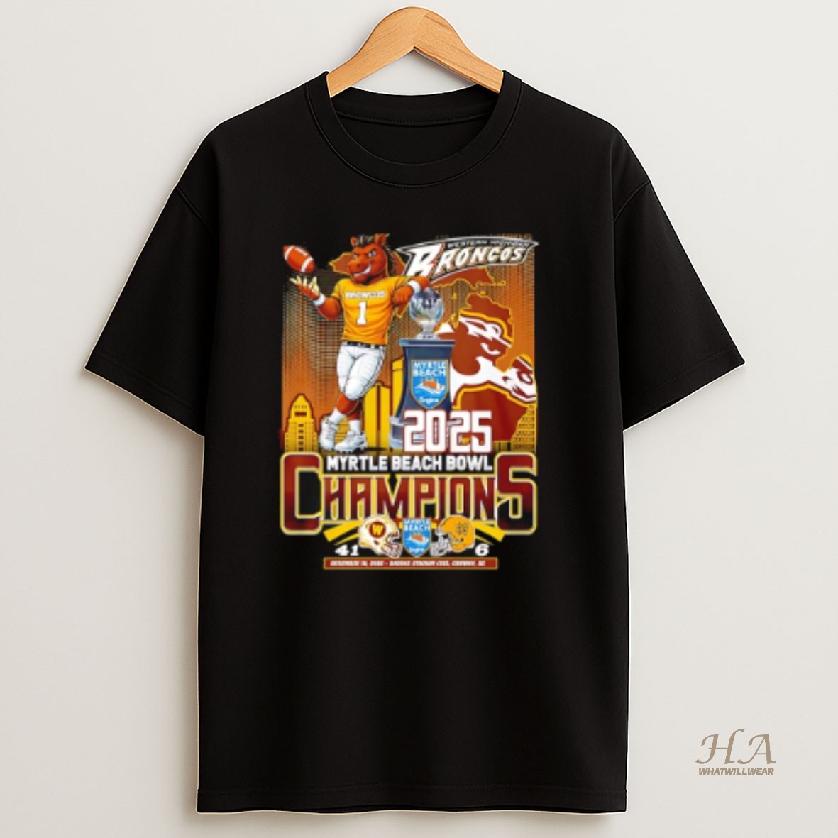 Official Western Michigan Broncos 2025 Myrtle Beach Bowl Champions Score T Shirt