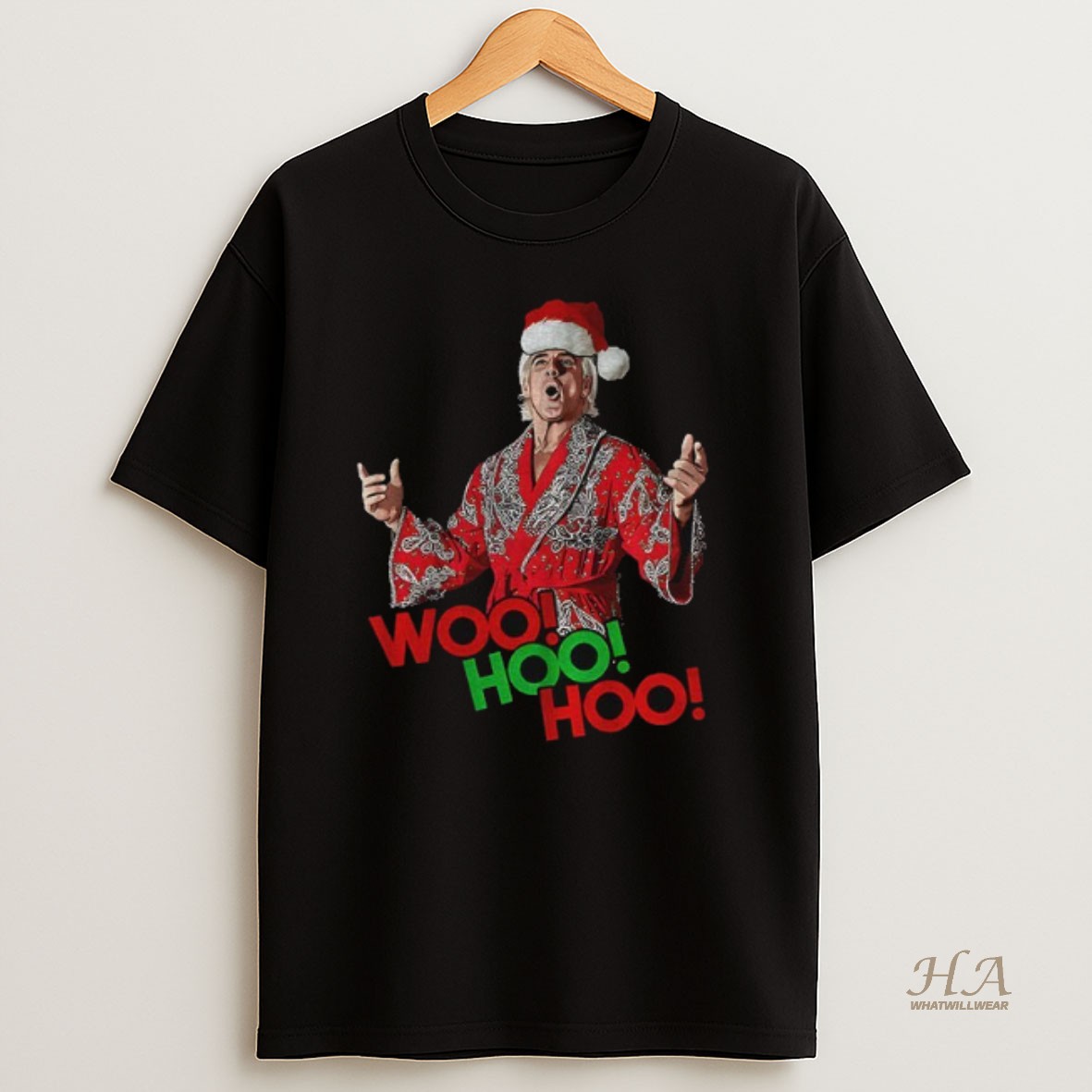 Official Woo Hoo Hoo Black Christmas Tee With Wrestling Legend Rick Flair In Santa Hat Shirt