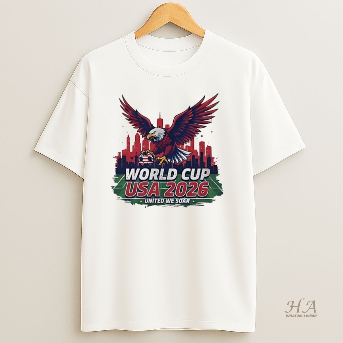 Official World Cup Usa 2026 Bald Eagle Soccer United We Soar City Skyline Football Field Shirt