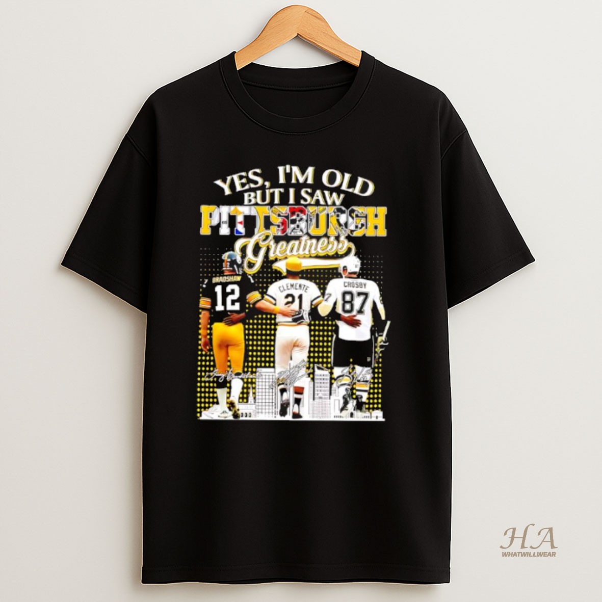 Official Yes Im Old But I Saw Pittsburgh Sports Figures Greatness Super Bowl Signatures T Shirt