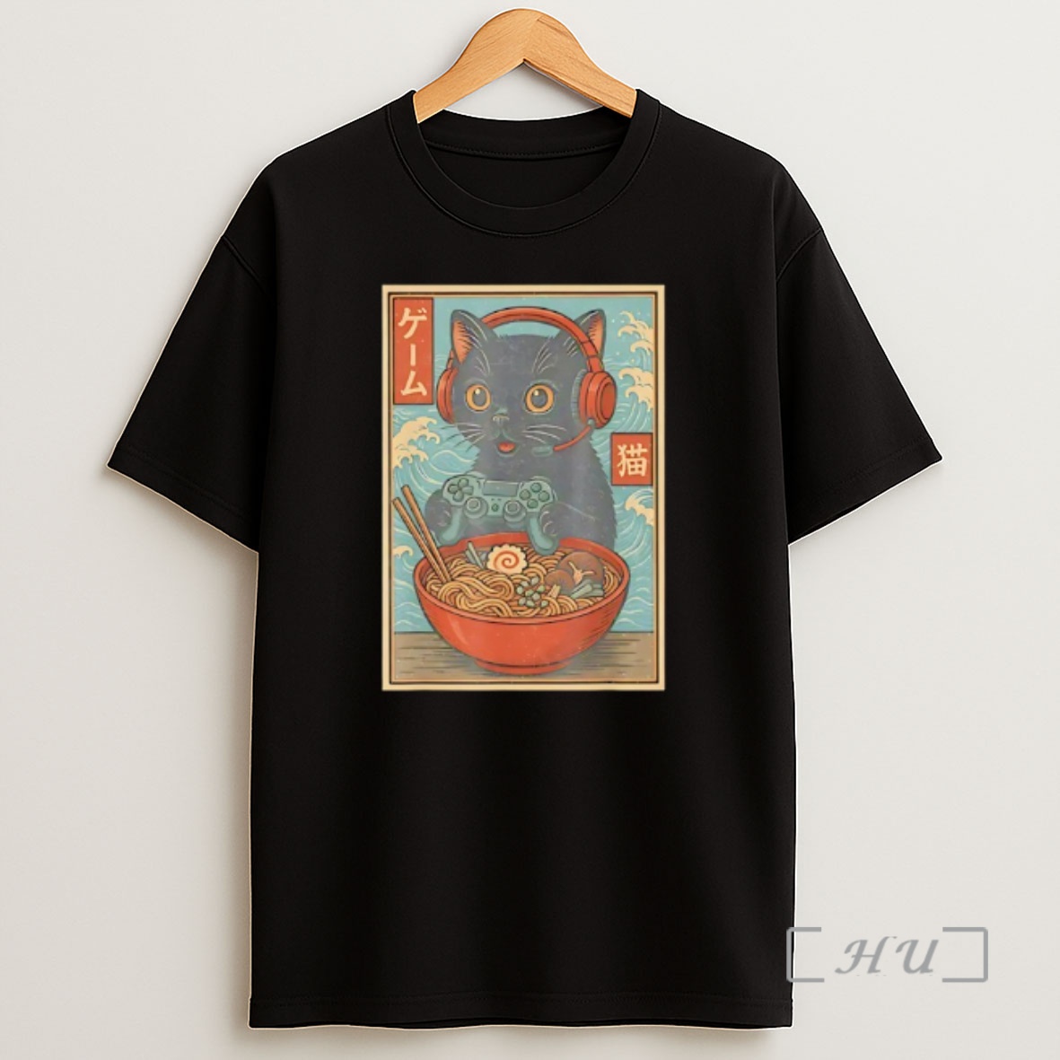 Officials Black Japanese Cat Holding Gamepad And Wearing Head Phone Eat Ramen Retro Shirt Sweatshirt Tee