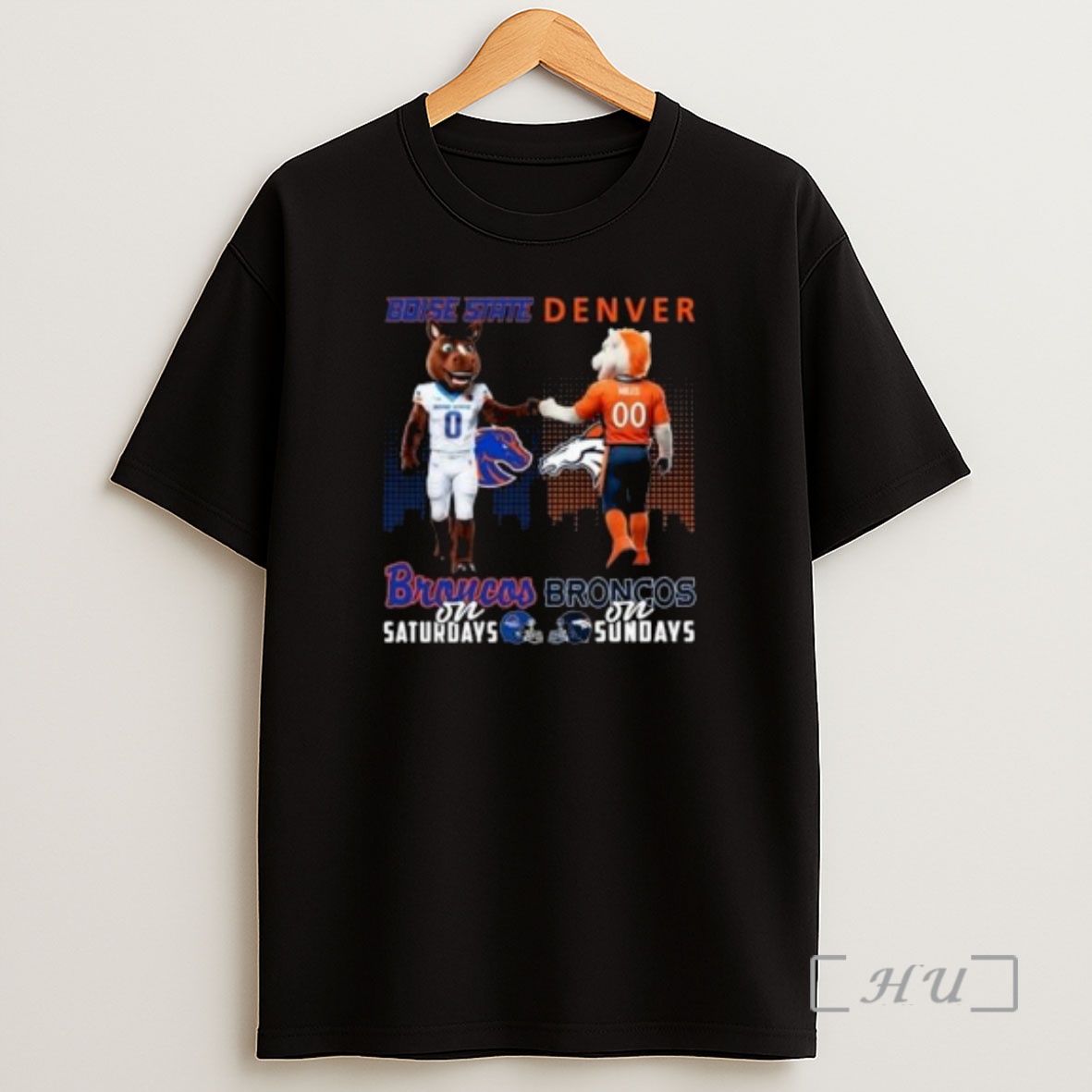 Officials Boise State Broncos On Saturdays X Denver Broncos On Sundays Mascot 2025 Circle Black Shirt Sweatshirt Tee