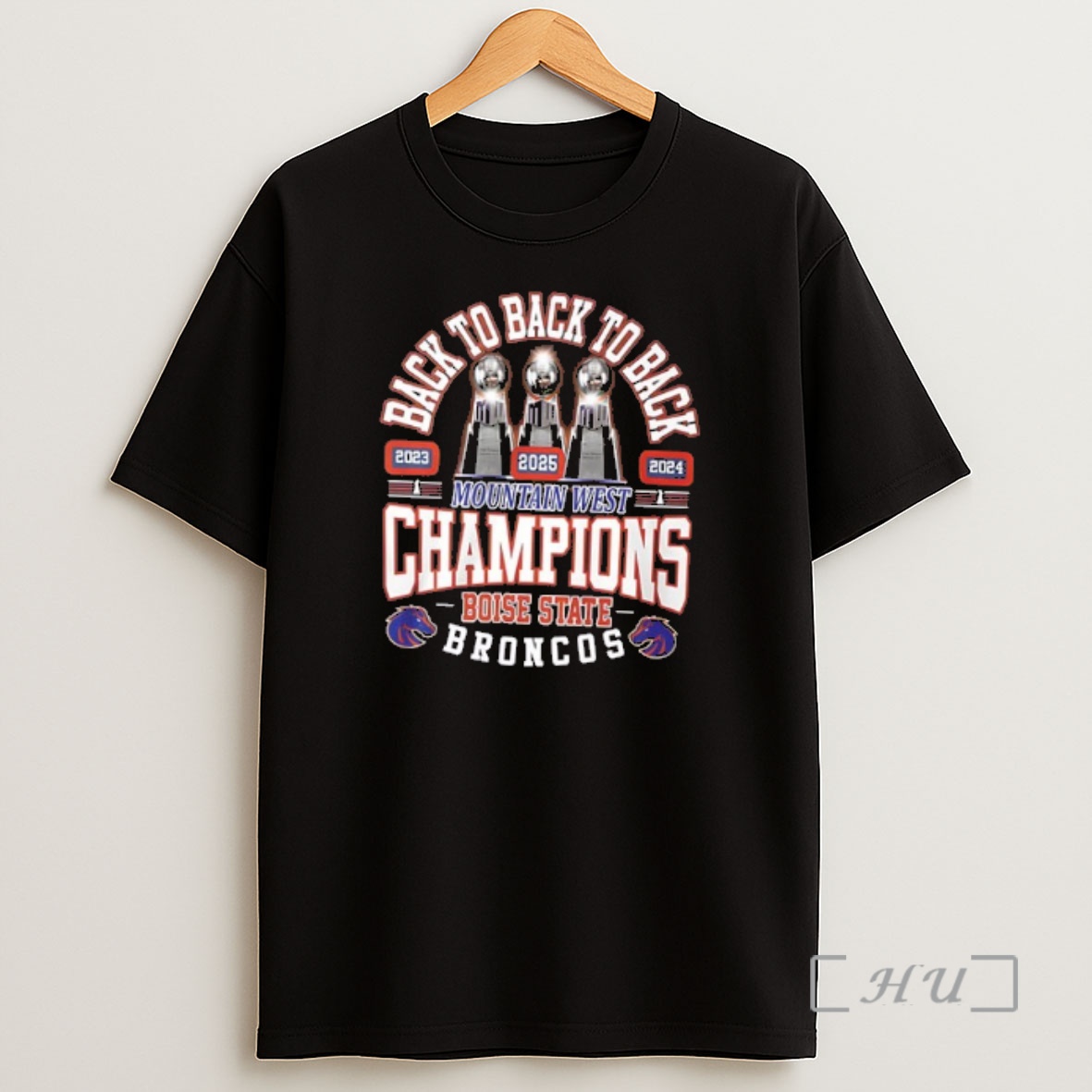 Officials Boise State Broncos Back To Back To Back 2025 Mountain West Champions Trophy 2 Sided Shirt Sweatshirt Tee