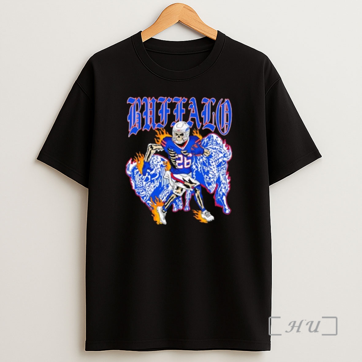 Officials Buffalo Gothic Text Skeleton Football Player 26 Running Between Blue Bison On Fire Premium Shirt Sweatshirt Tee