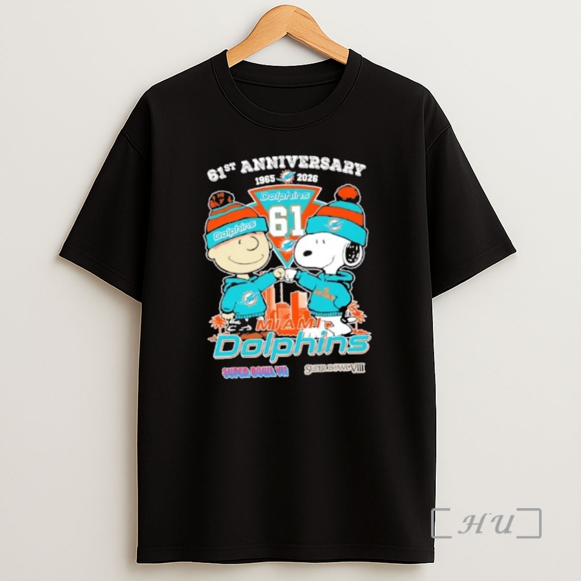 Officials Charlie Brown And Snoopy 61st Anniversary 1965 2026 Miami Dolphins Football Skyline Shirt Sweatshirt Tee