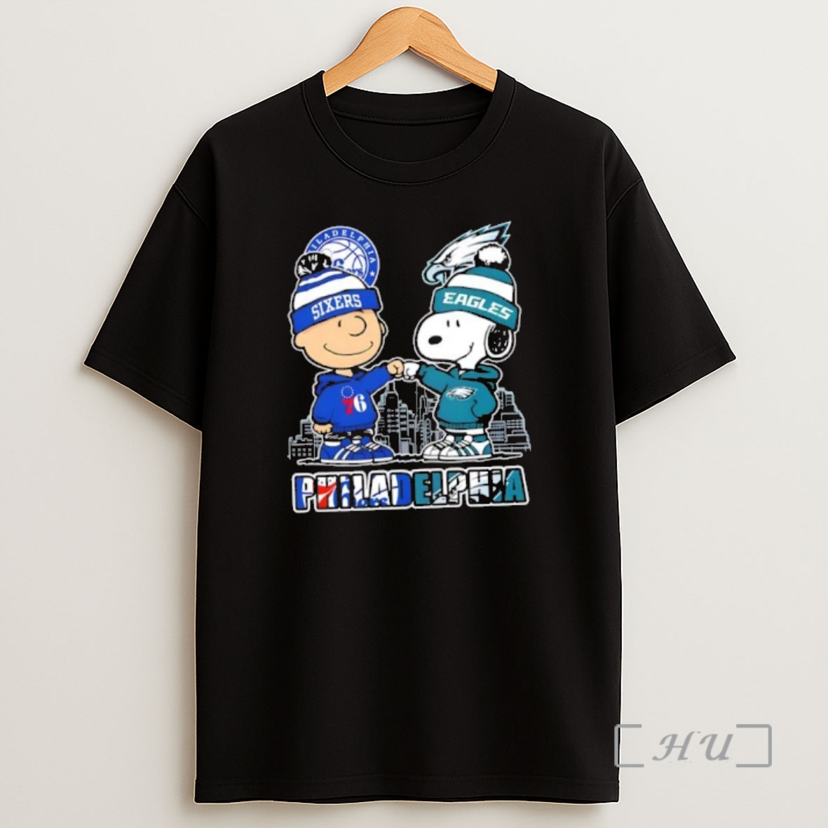 Officials Charlie Brown Fist Bump Snoopy Philadelphia City Sports 76ers X Eagles Skyline Shirt Sweatshirt Tee