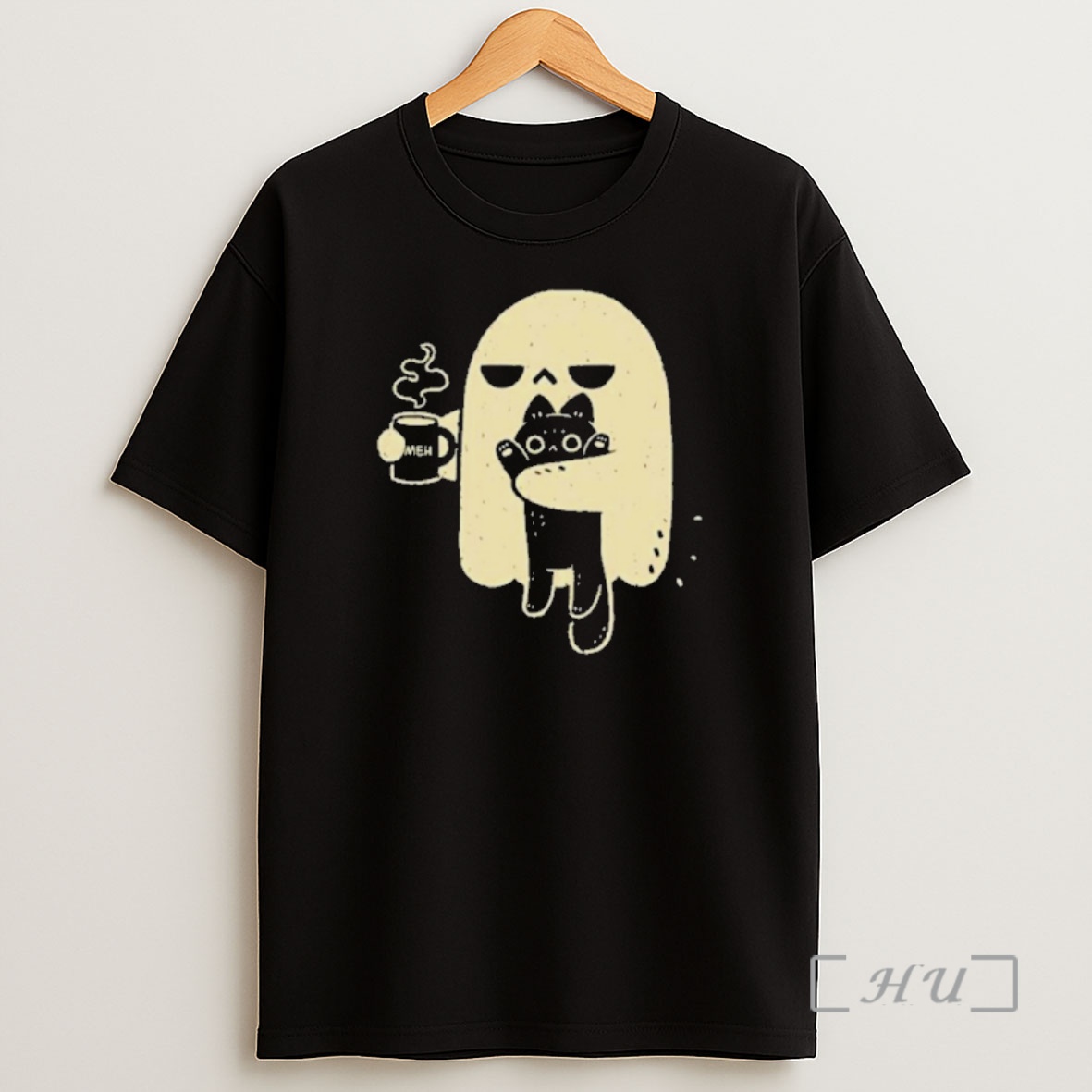 Officials Cute Ghost Meh Coffee Holding Cat Shirt Sweatshirt Tee