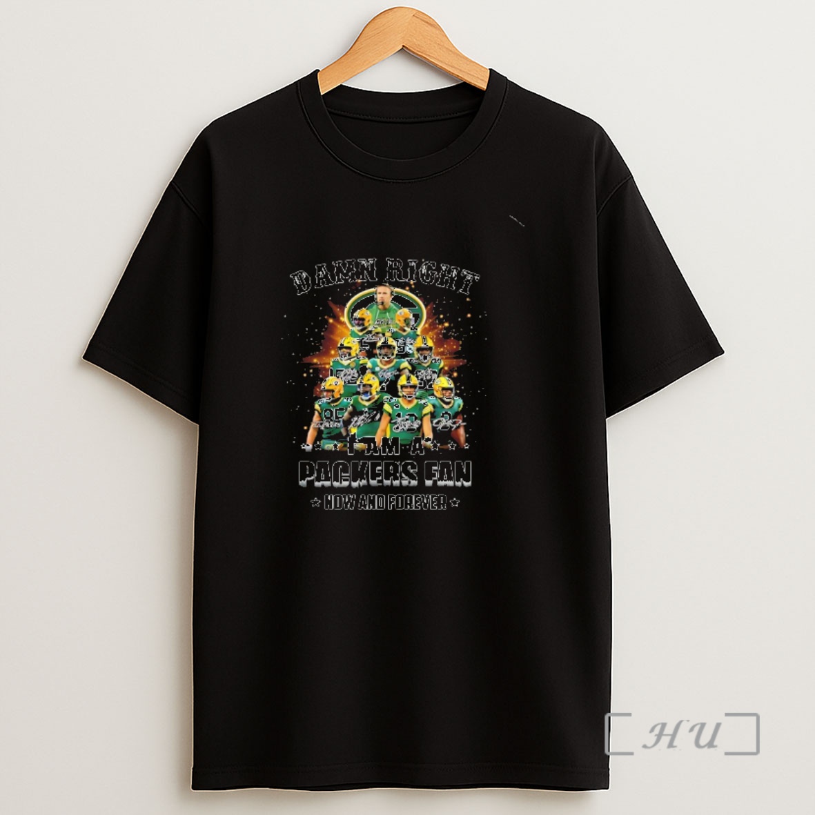 Officials Damn Right I Am A Packers Fan Now And Forever Player Collage Christmas Tree Signatures Premium Shirt Sweatshirt Tee