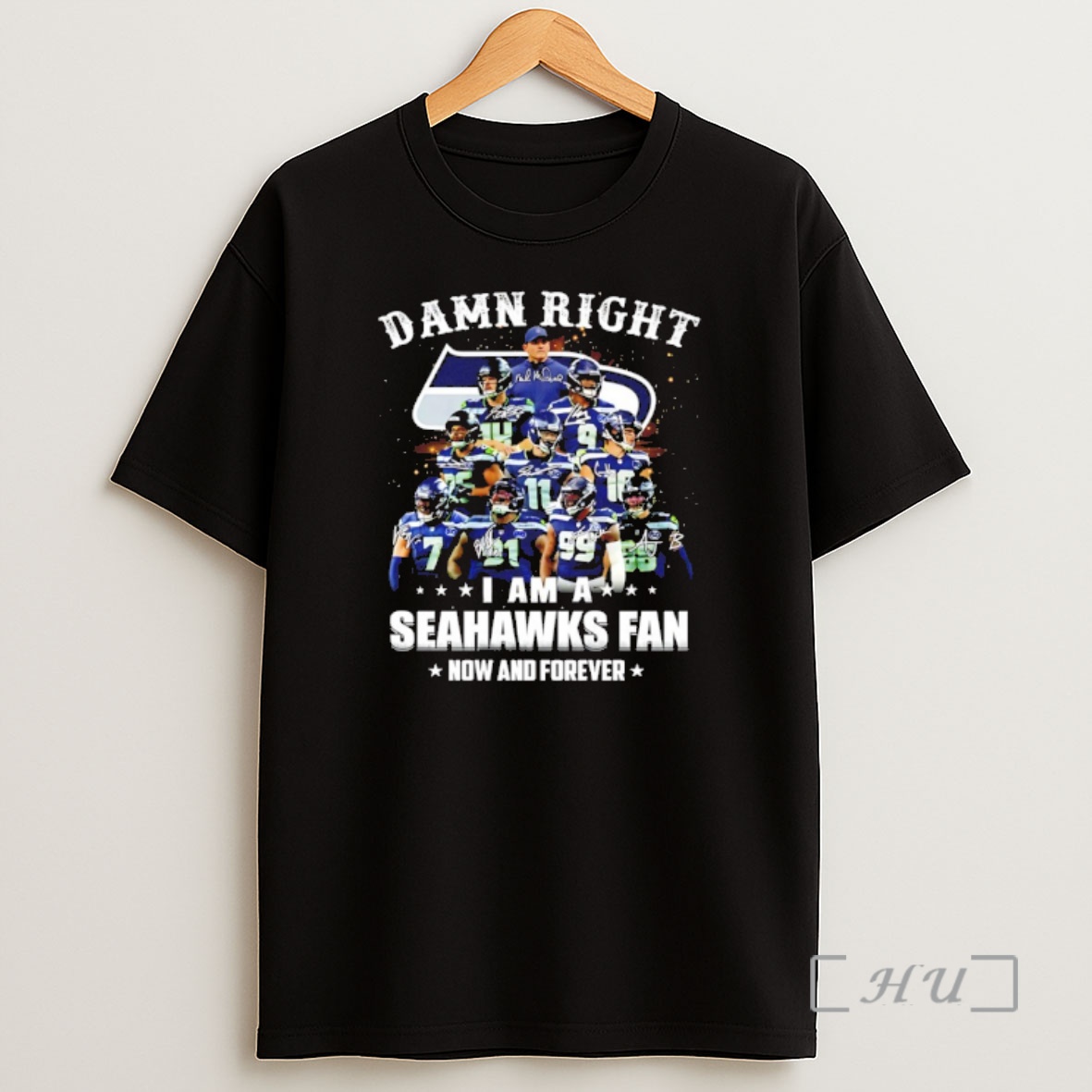 Officials Damn Right I Am A Seahawks Fan Now And Forever Player Collage Christmas Tree Signatures Premium Shirt Sweatshirt Tee