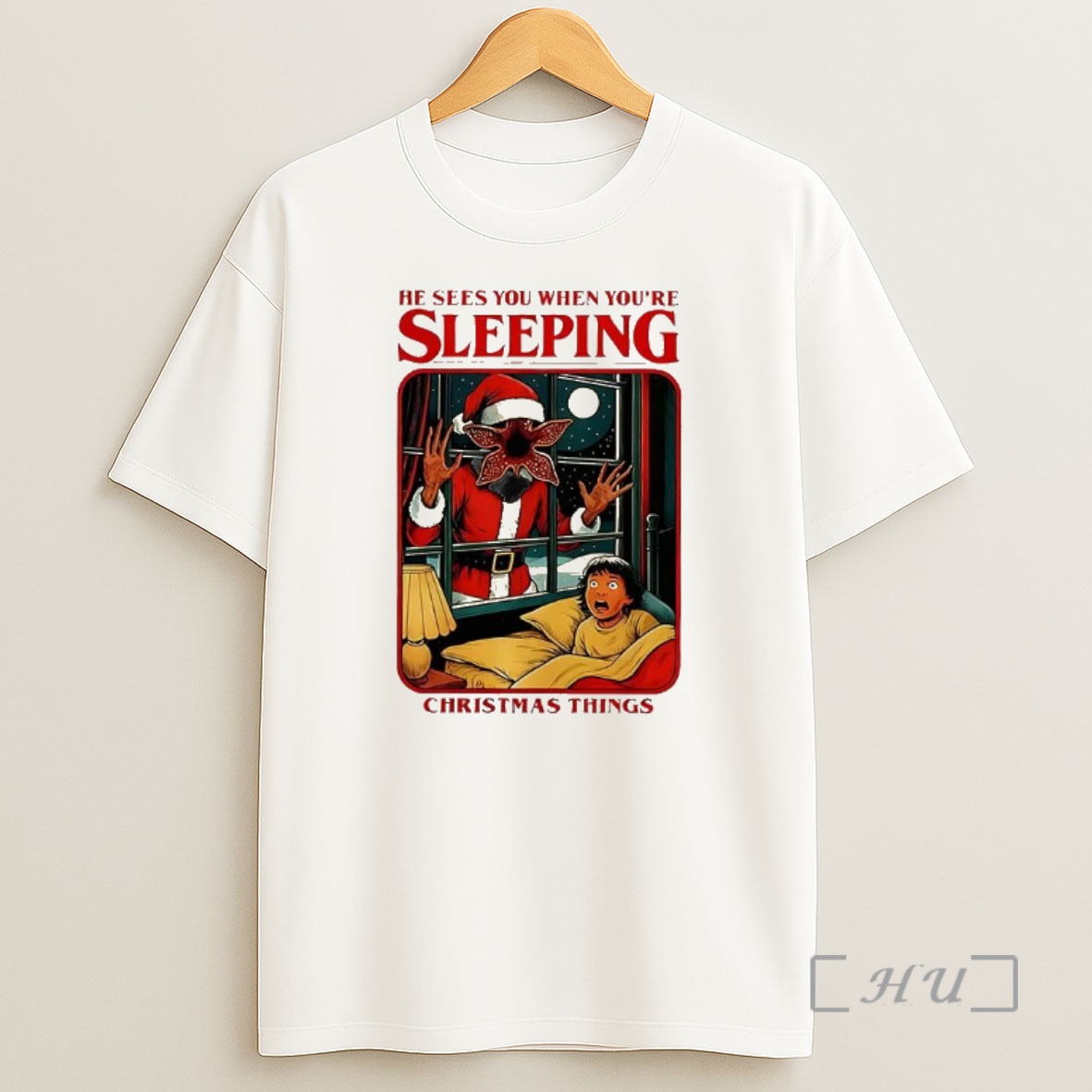 Officials Demogorgon Stranger Things He Sees You When Youre Sleeping Christmas Things Premium Shirt Sweatshirt Tee