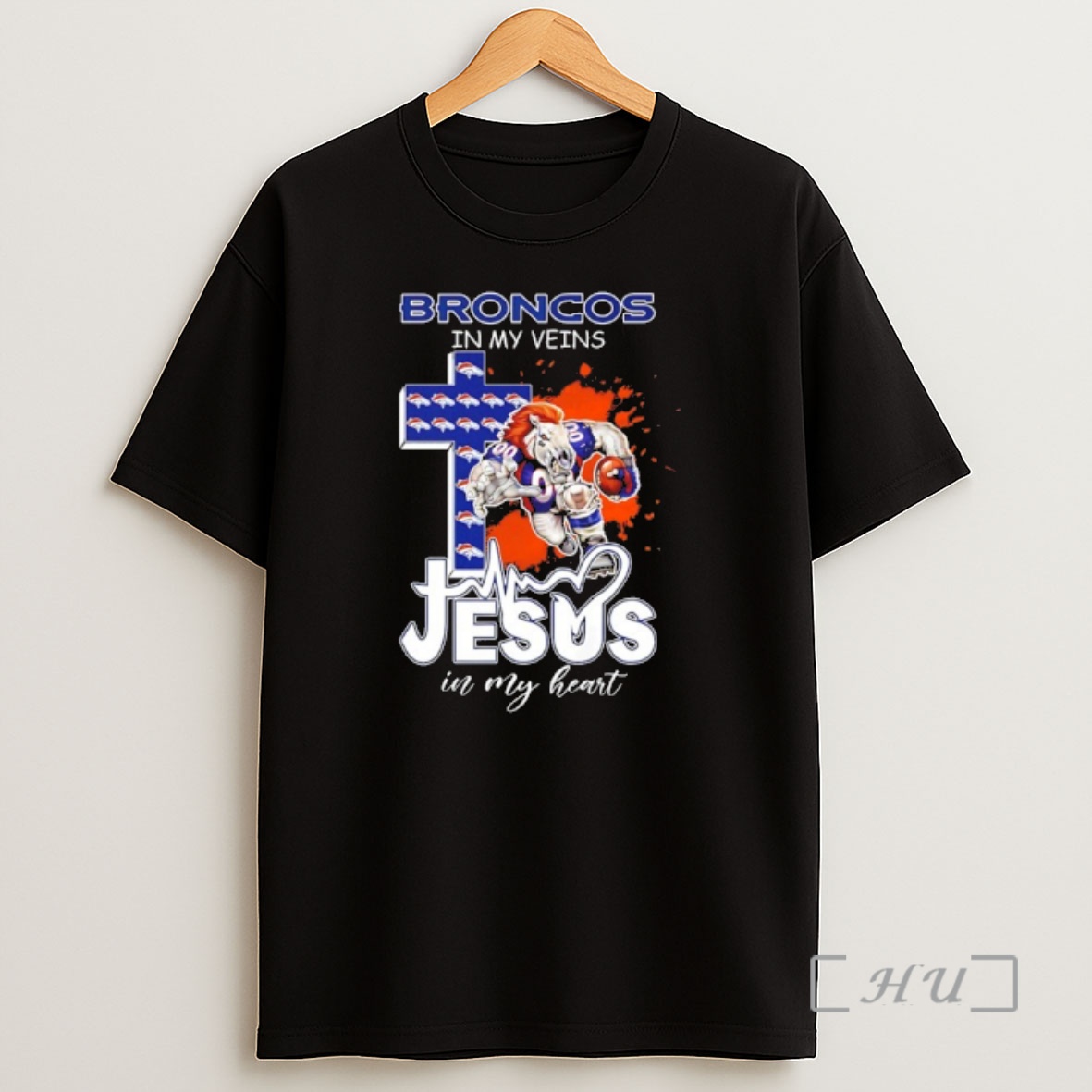 Officials Denver Broncos In My Veins Jesus In My Heart Mascot Shirt Sweatshirt Tee