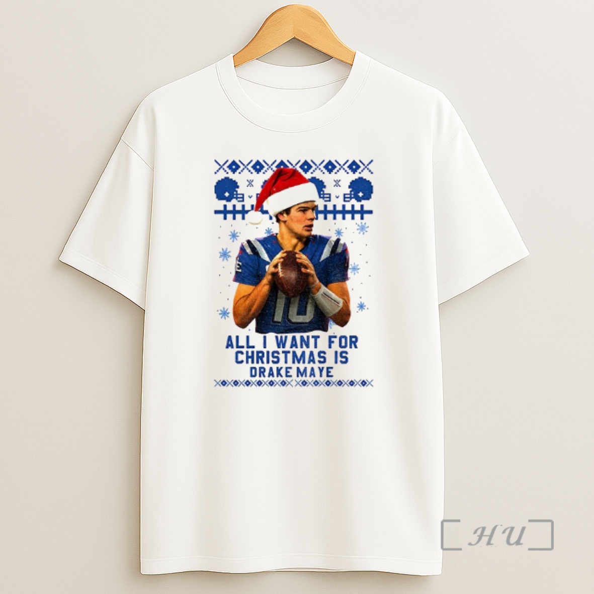 Officials Drake Maye Santa Hat New England Patriots Football All I Want For Christmas Is Merry Christmas Premium Shirt Sweatshirt Tee