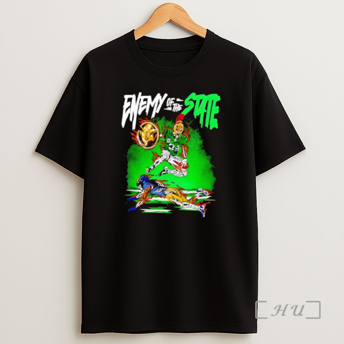 Officials Enemy Of The State Spartan Skeleton Player 32 Tackling Another Football Player On Fire Premium Shirt Sweatshirt Tee