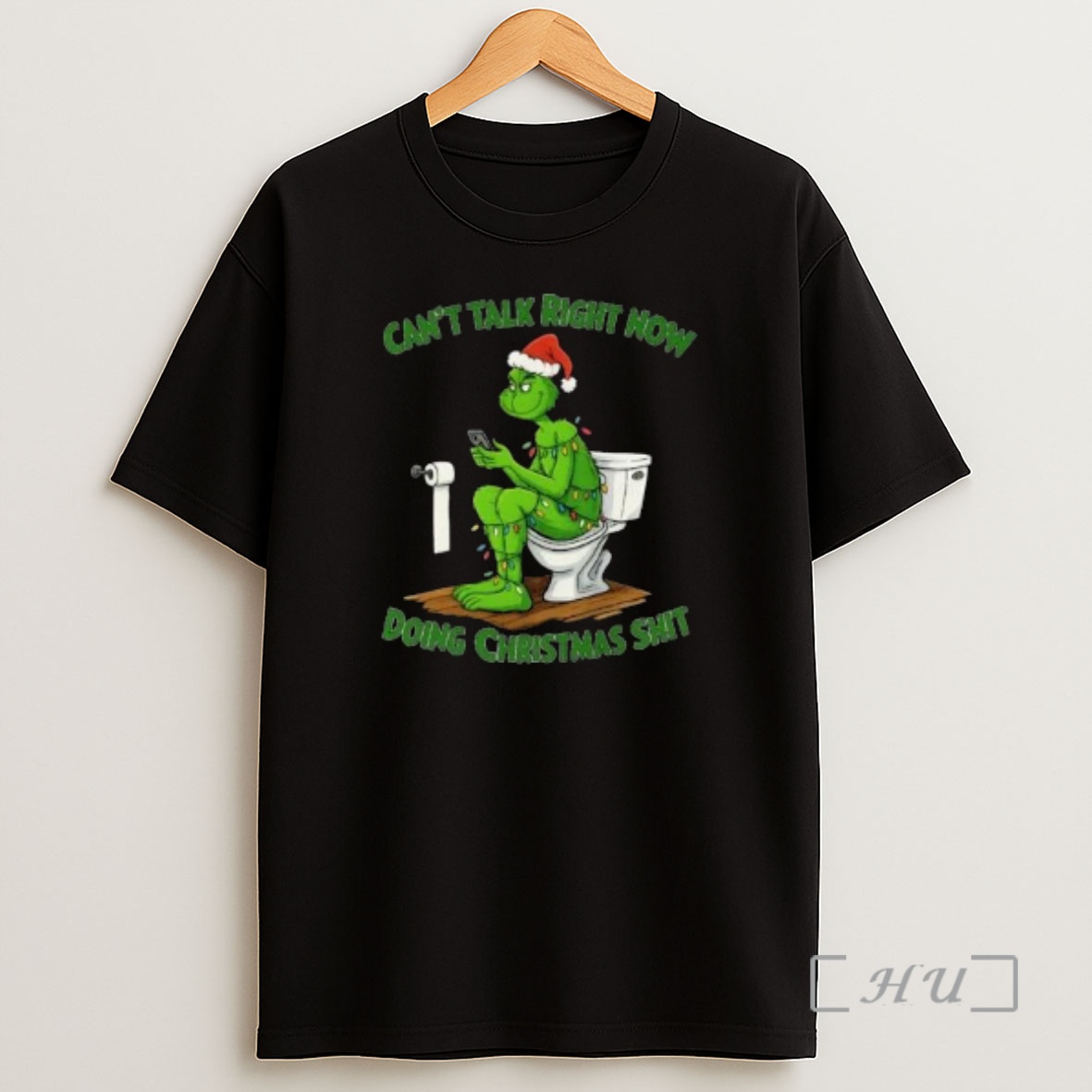Officials Grinch Santa Hat Cant Talk Right Now Doing Christmas Shit Circle Black Premium Shirt Sweatshirt Tee