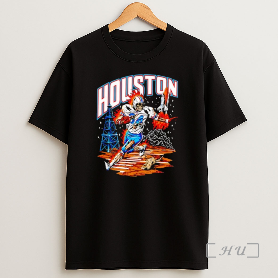 Officials Houston Oil Derricks Space Shuttle Skeleton Football Player 34 Running On Fire Premium Shirt Sweatshirt Tee