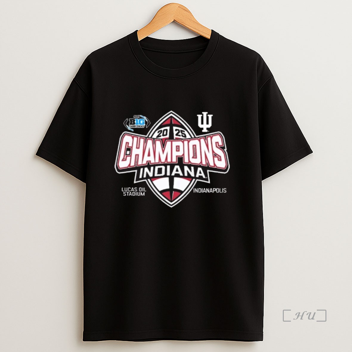 Officials Indiana Hoosiers Mens 2025 Big Ten Football Champions Lucas Oil Stadium Indianapolis Logos Premium Shirt Sweatshirt Tee