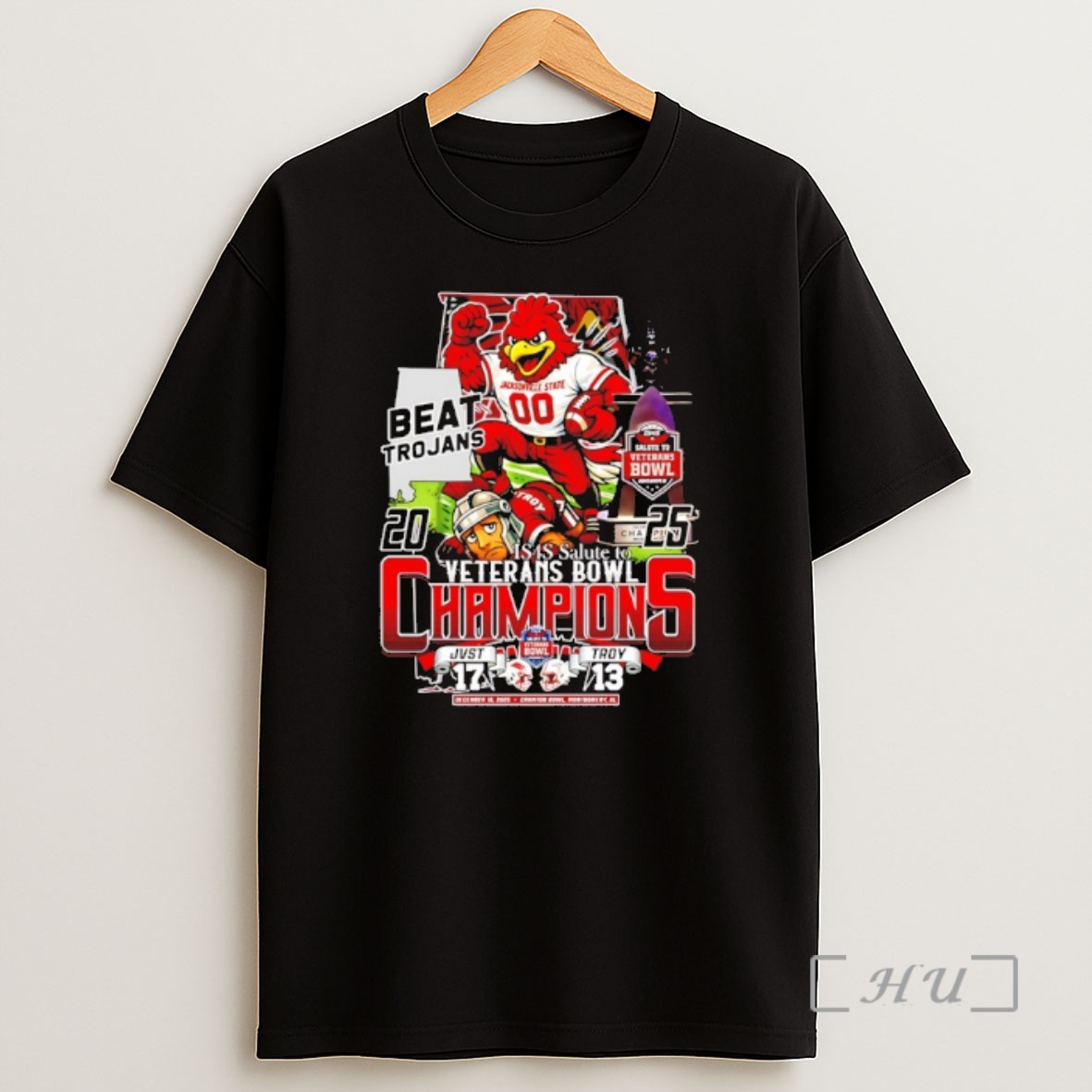 Officials Jacksonville State Gamecocks Beat Trojans 2025 Veterans Bowl Champions Mascot Shirt Sweatshirt Tee