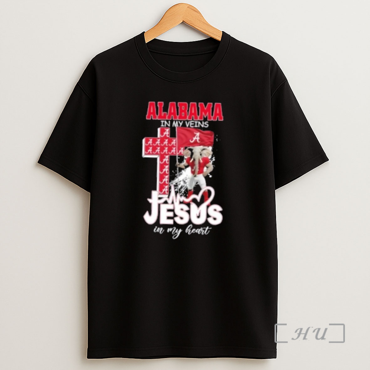 Officials Mascot Hold Flag Alabama Crimson Tide In My Veins Jesus In My Heart Shirt Sweatshirt Tee