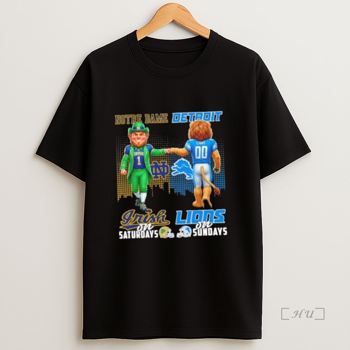 Officials Mascots Notre Dame Fighting Irish On Saturdays X Detroit Lions On Sundays Skyline Premium Shirt Sweatshirt Tee