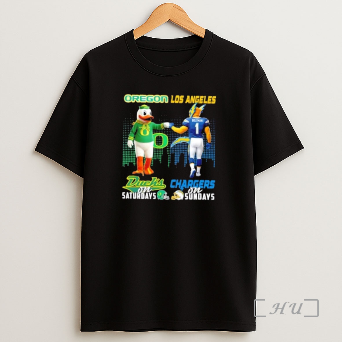Officials Mascots Oregon Ducks On Saturdays X Los Angeles Chargers On Sundays Skyline Shirt Sweatshirt Tee