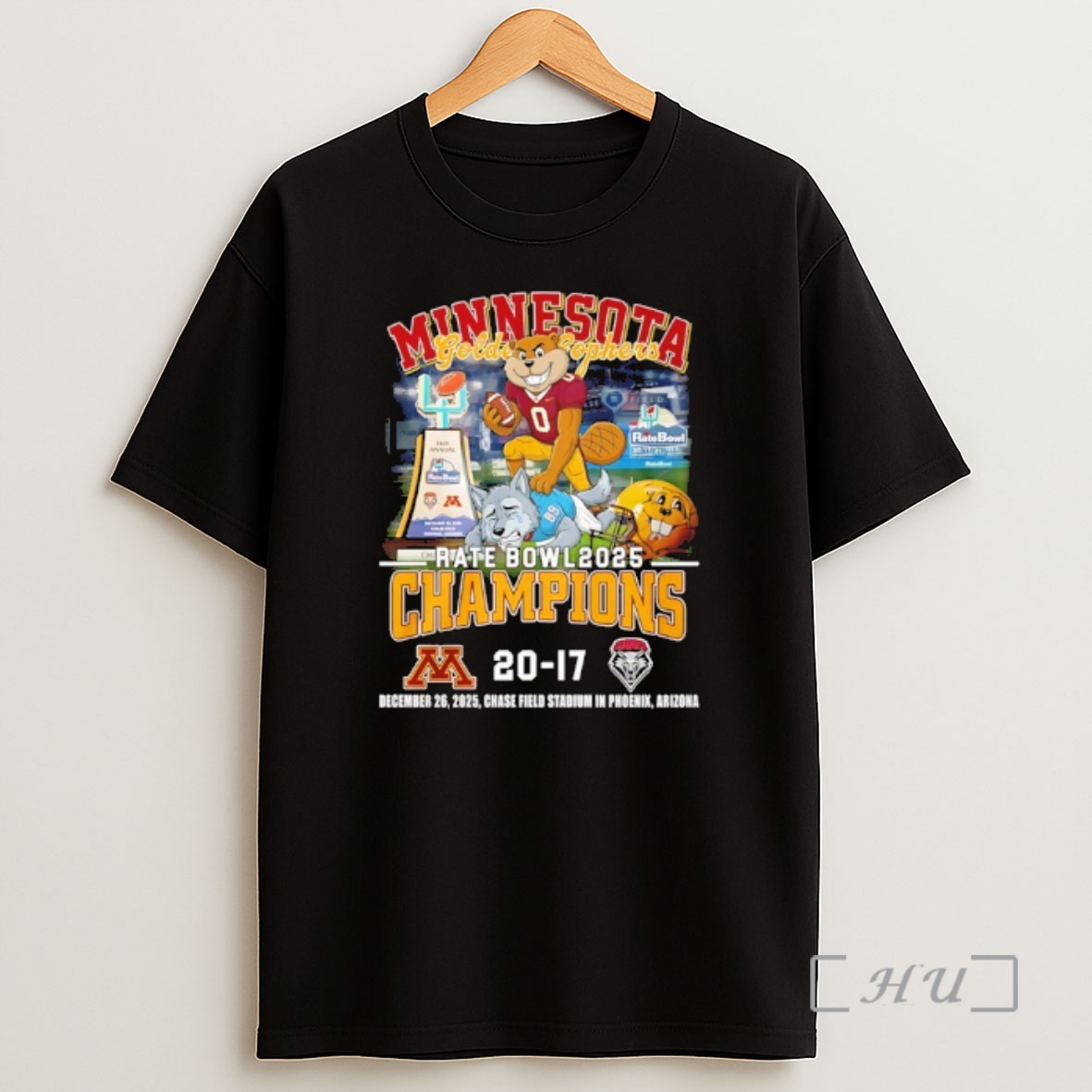 Officials Minnesota Golden Gophers Football 2025 Rate Bowl Champions 20 17 Score Mascot Shirt Sweatshirt Tee