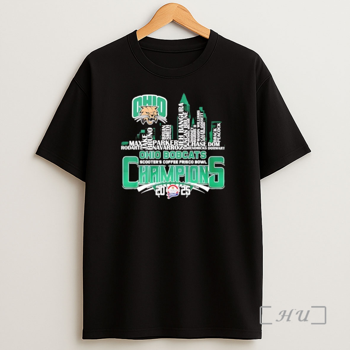 Officials Ohio Bobcats 2025 Scooters Coffee Frisco Bowl Champions Player Names City Skyline Shirt Sweatshirt Tee