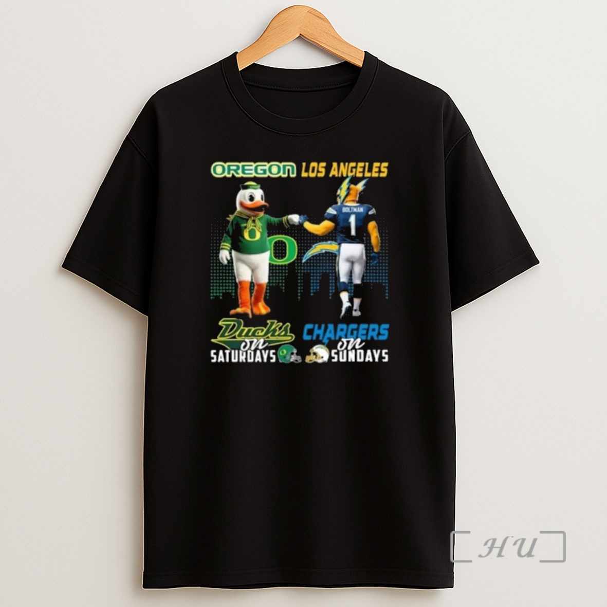 Officials Oregon Ducks On Saturdays X Los Angeles Chargers On Sundays Mascot 2025 Shirt Sweatshirt Tee