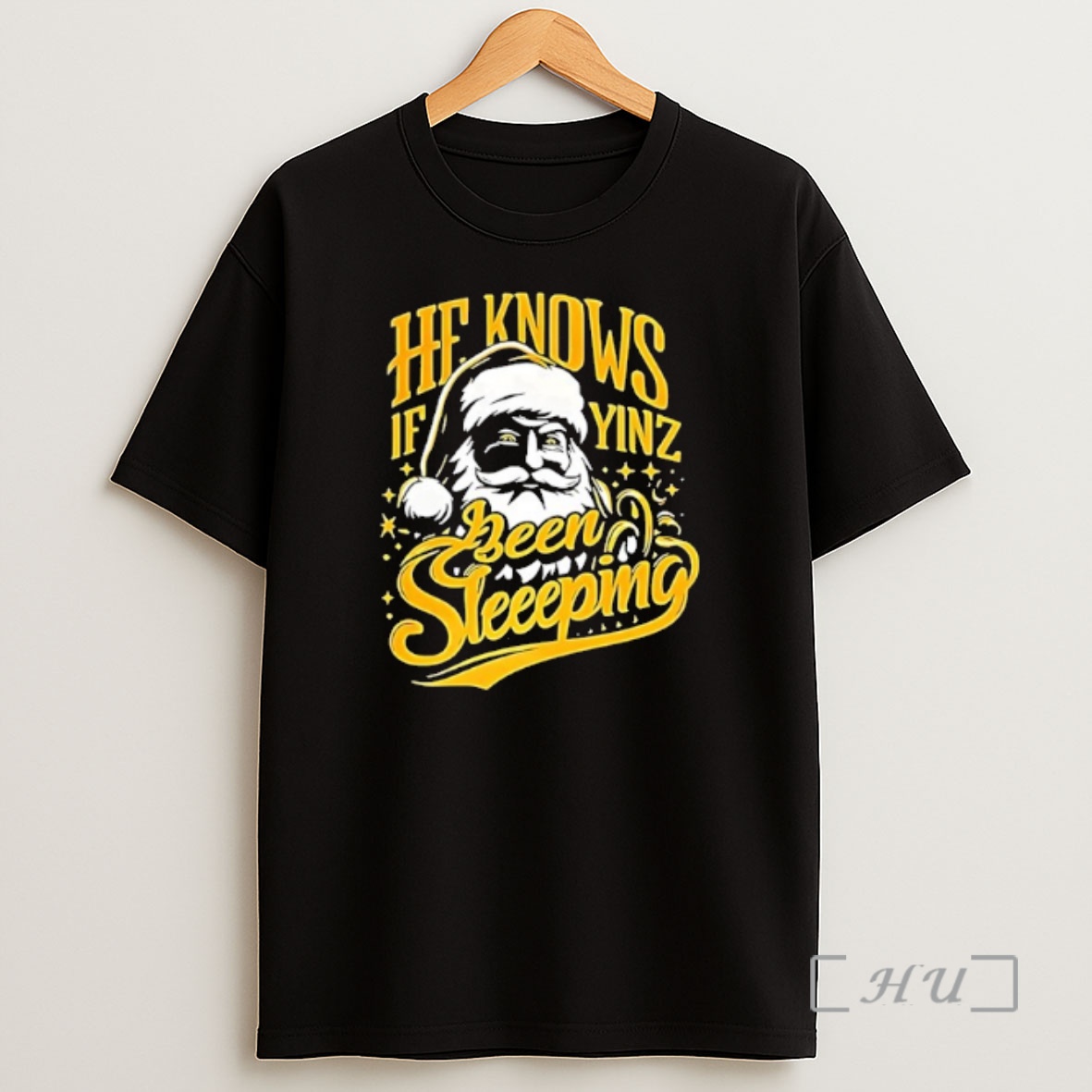 Officials Santa He Knows If Yinz Been Sleeping Pittsburgh Steelers Christmas Premium Shirt Sweatshirt Tee