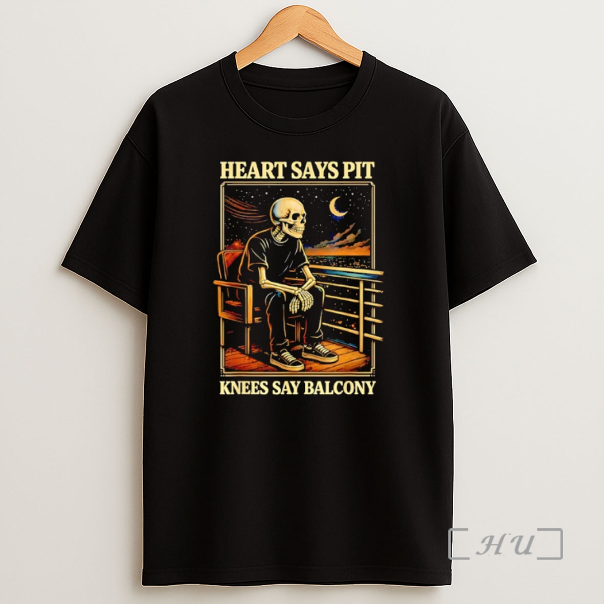 Officials Skeleton Man Sitting On Chair Heart Says Pit Knees Say Balcony Starry Night Shirt Sweatshirt Tee