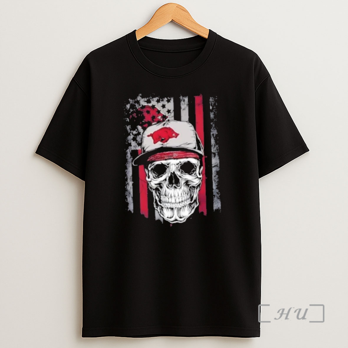 Officials Skull Wearing A Cap Arkansas Razorbacks Us Flag Shirt Sweatshirt Tee